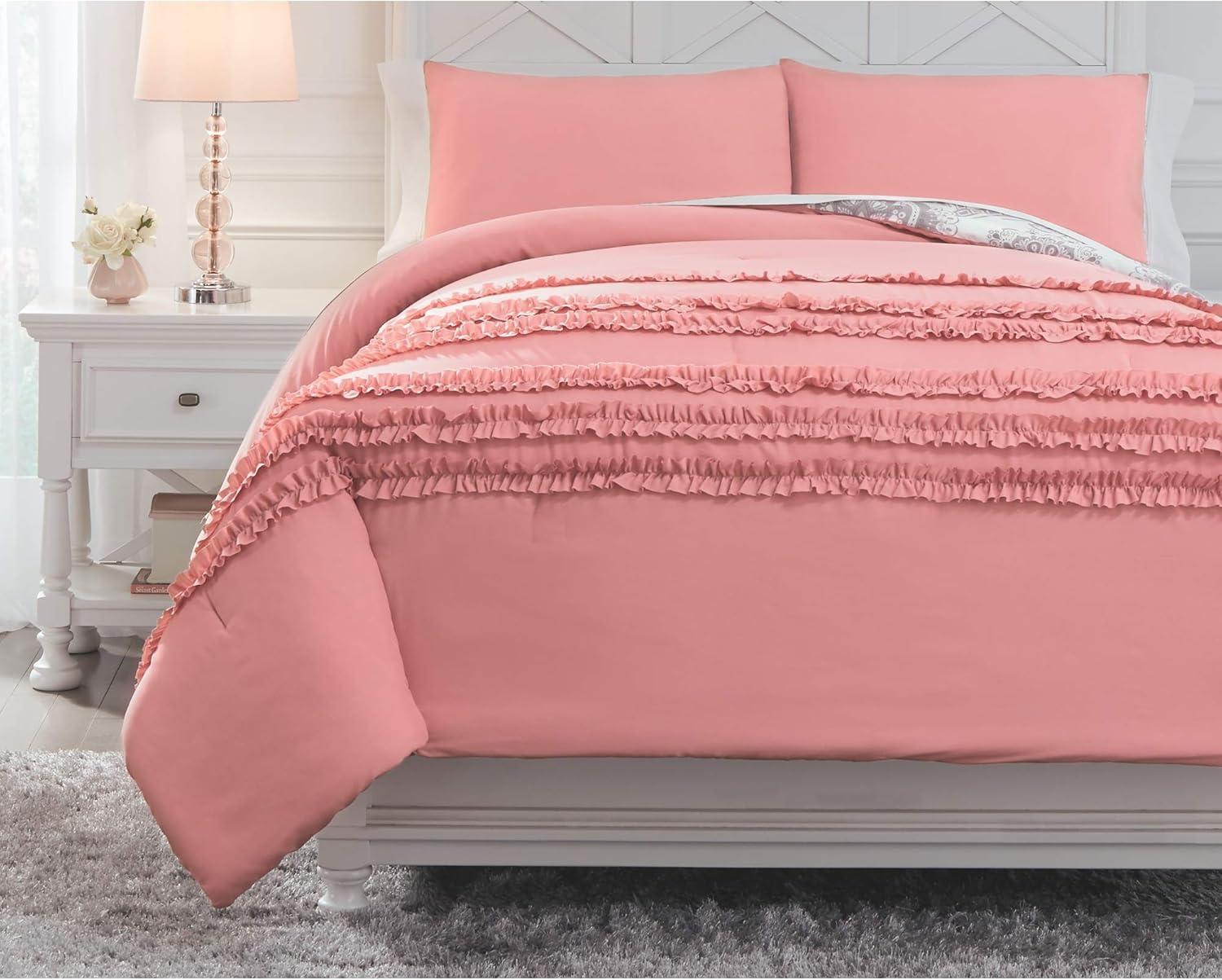 imageSignature Design by Ashley Avaleigh Contemporary Ruffle Striped ampamp Floral Design Reversible Twin Comforter with One Sham Set Pink White GrayFull