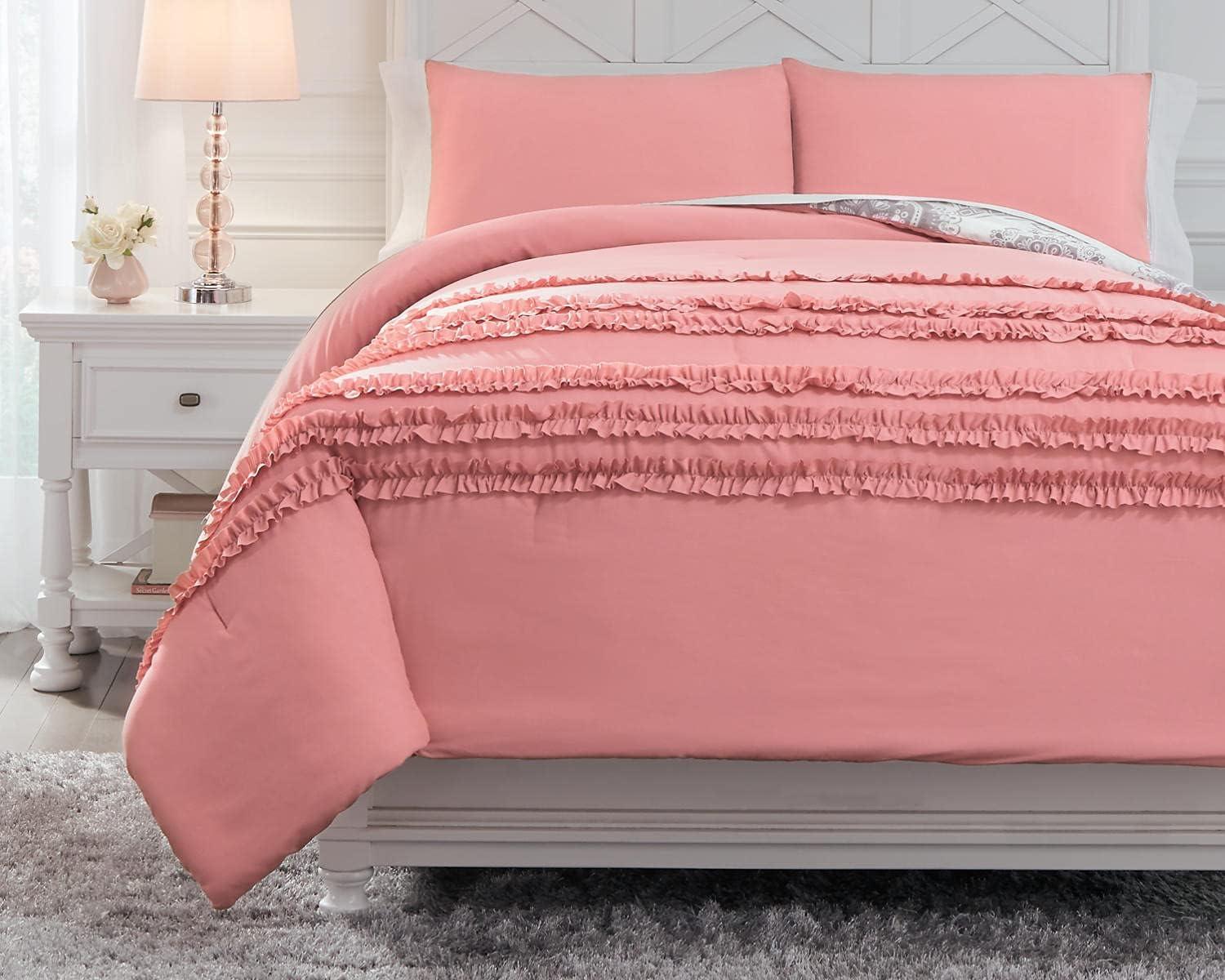 imageSignature Design by Ashley Avaleigh Contemporary Ruffle Striped ampamp Floral Design Reversible Twin Comforter with One Sham Set Pink White GrayFull