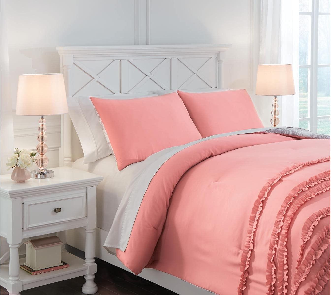 imageSignature Design by Ashley Avaleigh Contemporary Ruffle Striped ampamp Floral Design Reversible Twin Comforter with One Sham Set Pink White GrayFull