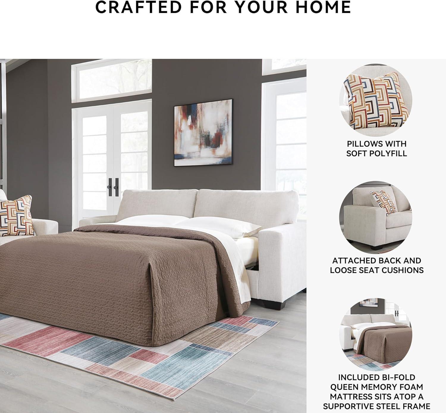 imageSignature Design by Ashley Aviemore Coastal Sofa Sleeper with Folding Memory Foam Mattress and 2 Accent Pillows Queen BeigeBeige