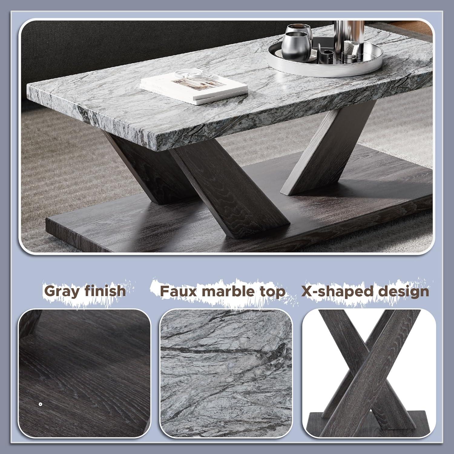 imageSignature Design by Ashley Bensonale Contemporary Occasional Table Set with Faux Marble Top and Casters Set of 3 Gray ampamp Dark Brown