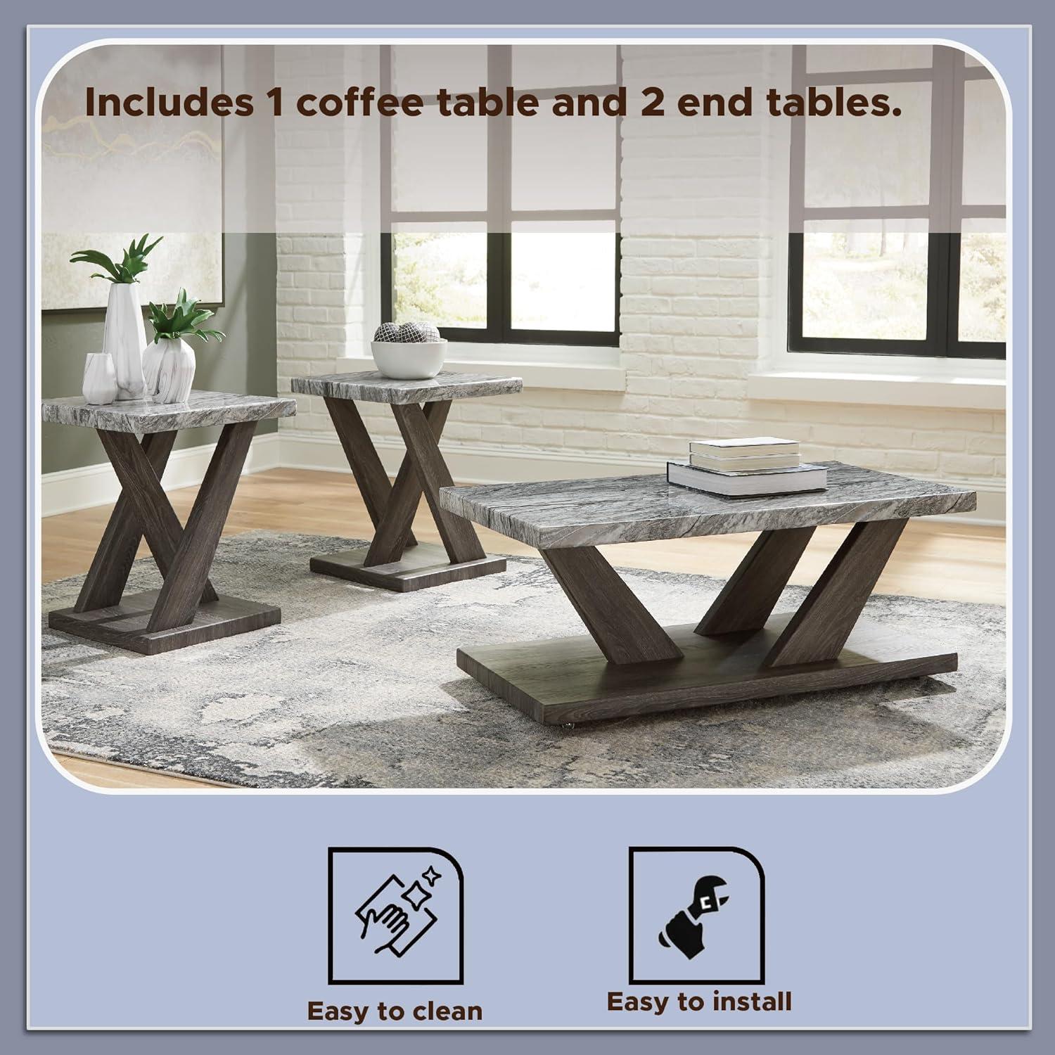 imageSignature Design by Ashley Bensonale Contemporary Occasional Table Set with Faux Marble Top and Casters Set of 3 Gray ampamp Dark Brown
