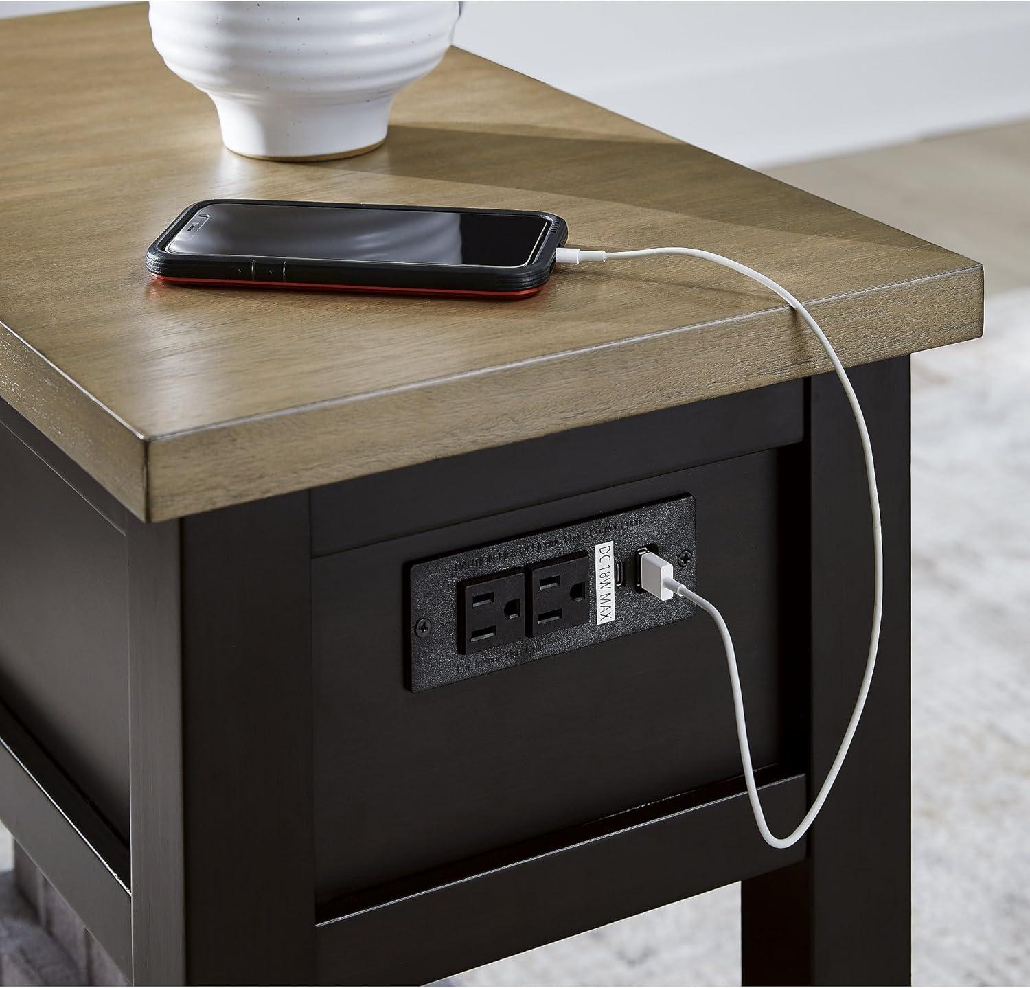 imageSignature Design by Ashley Bolanburg Farmhouse ChairSide End Table USB Charging Ports Drawer TwoTone Light Brown ampamp WhitewashLight Brown Black