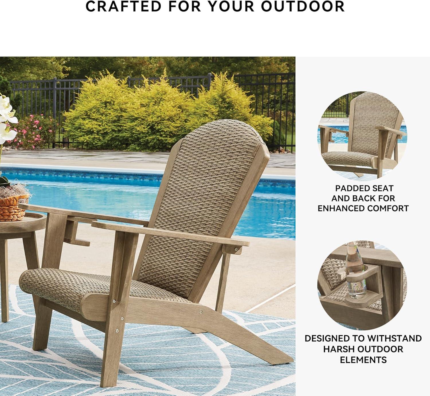 imageSignature Design by Ashley Bradstreet Bay Casual Outdoor Eucalyptus Wood Padded High Back Adirondack Chair with Handwoven Resin Wicker Beige