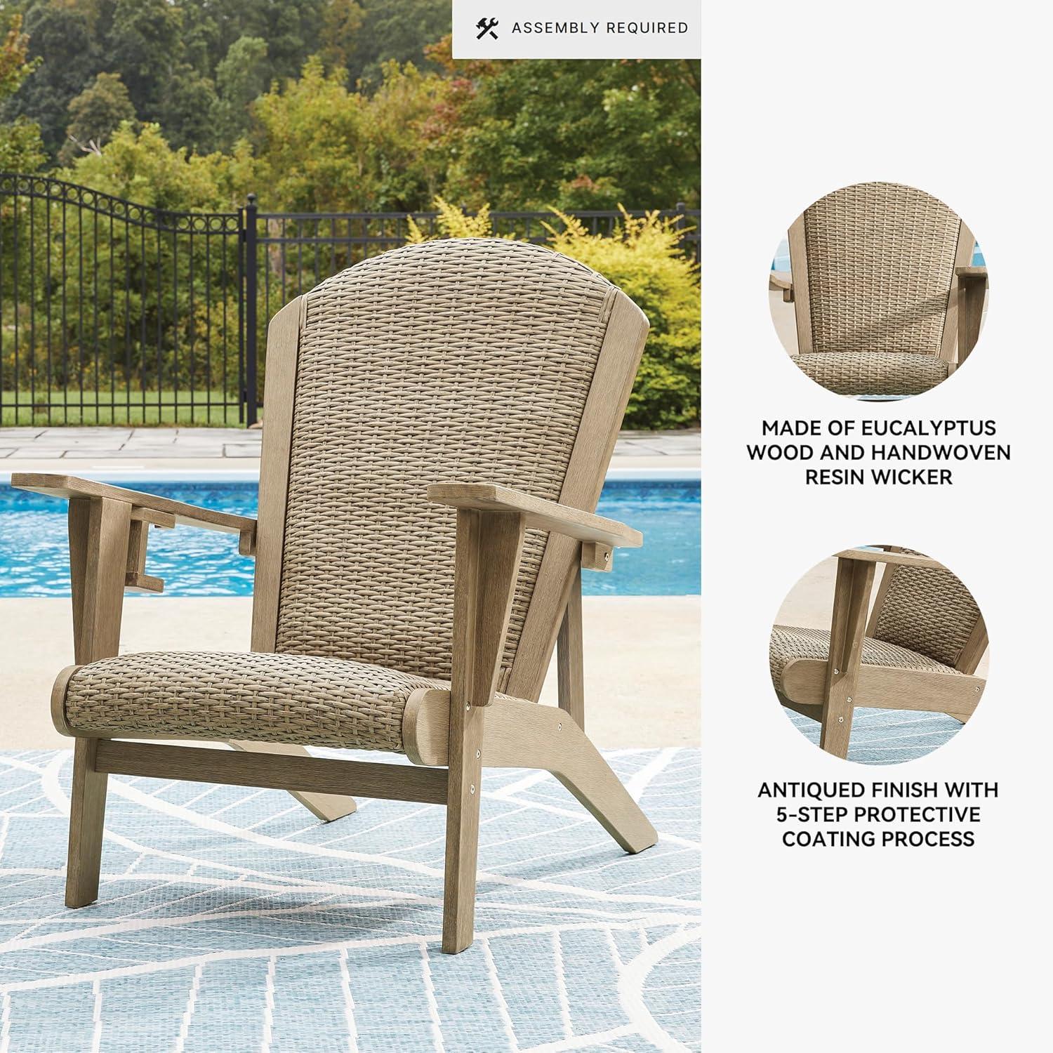 imageSignature Design by Ashley Bradstreet Bay Casual Outdoor Eucalyptus Wood Padded High Back Adirondack Chair with Handwoven Resin Wicker Beige