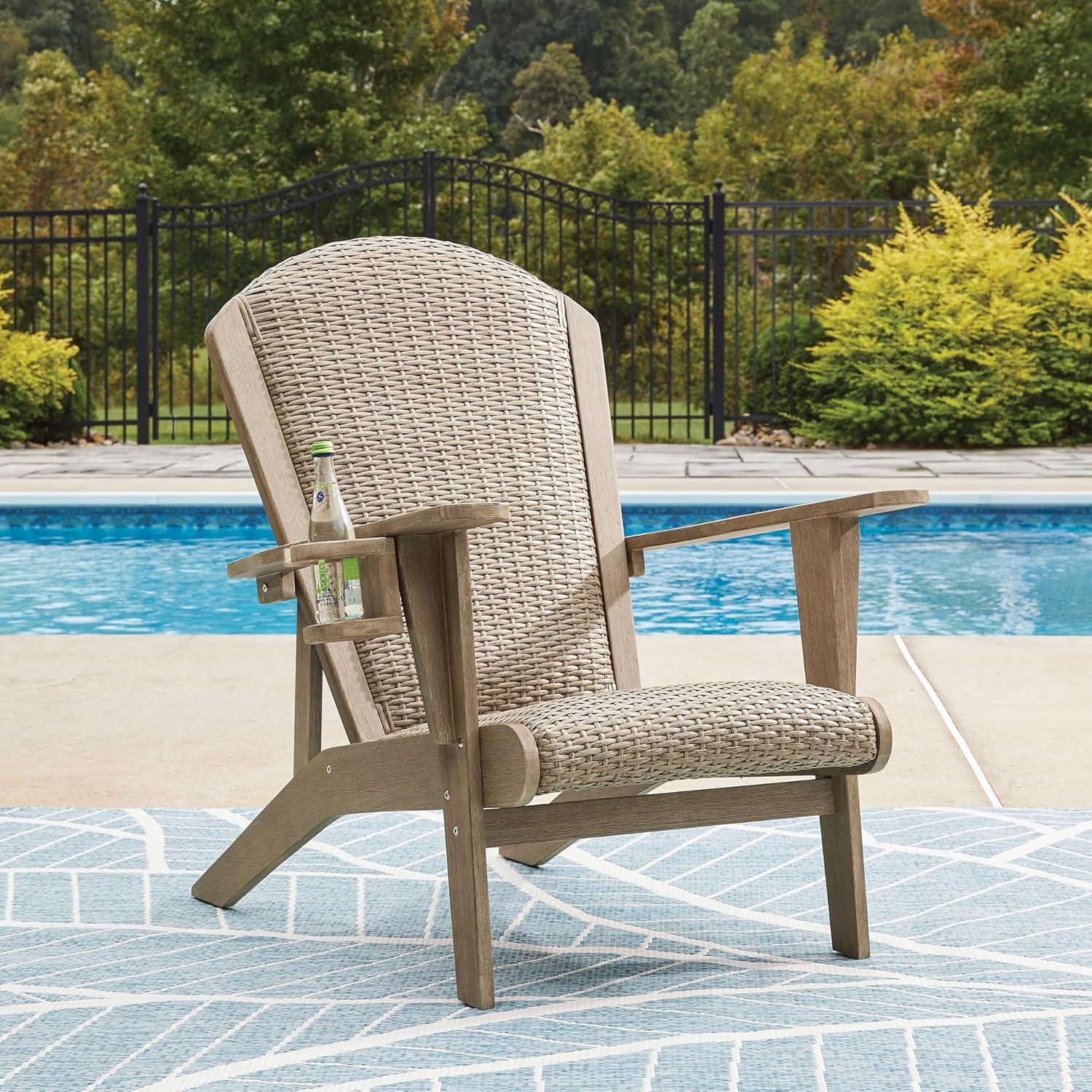 imageSignature Design by Ashley Bradstreet Bay Casual Outdoor Eucalyptus Wood Padded High Back Adirondack Chair with Handwoven Resin Wicker Beige