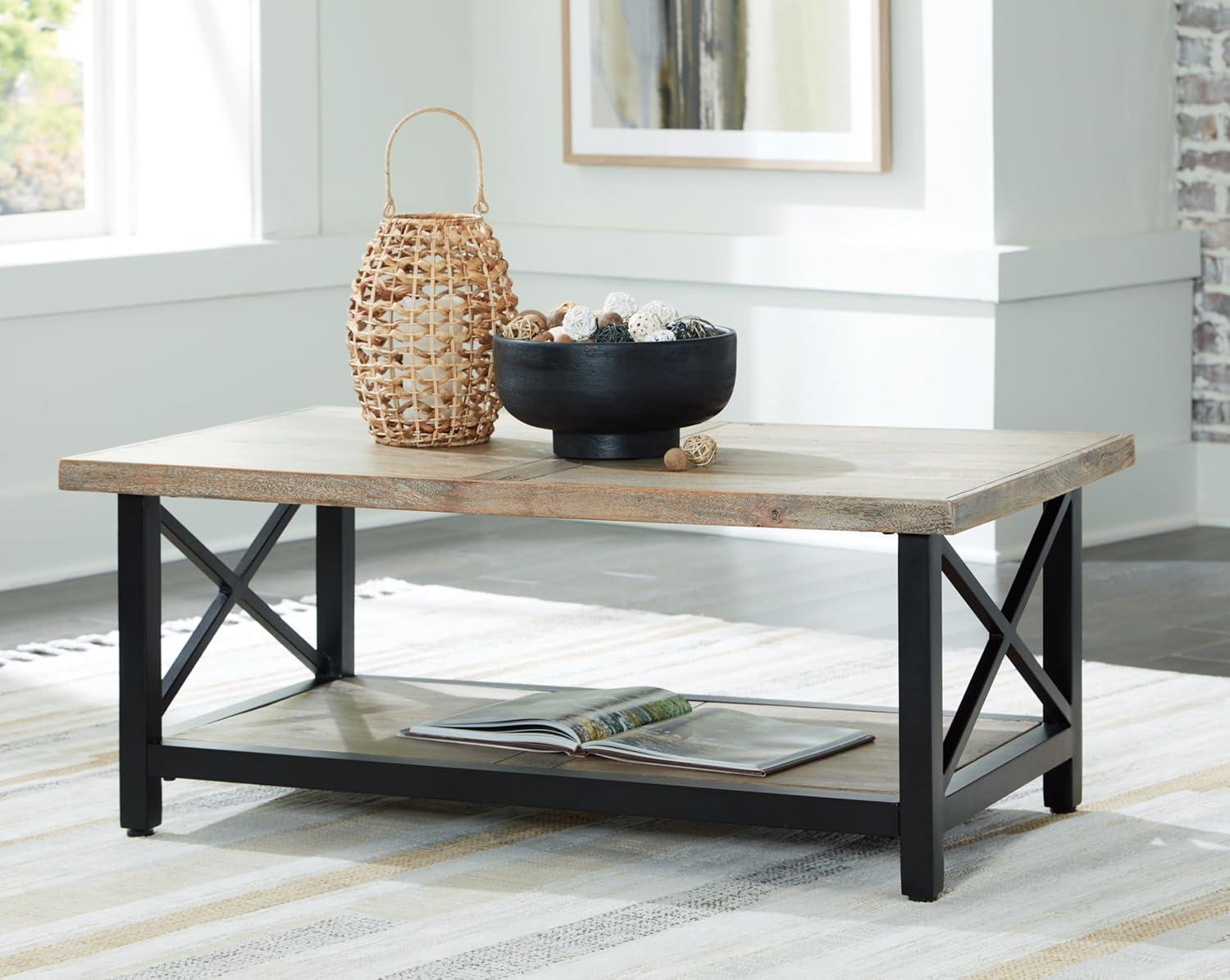 imageSignature Design by Ashley Bristenfort Rustic Crossbuck Coffee Table with Lower Shelf Light Brown ampamp Black