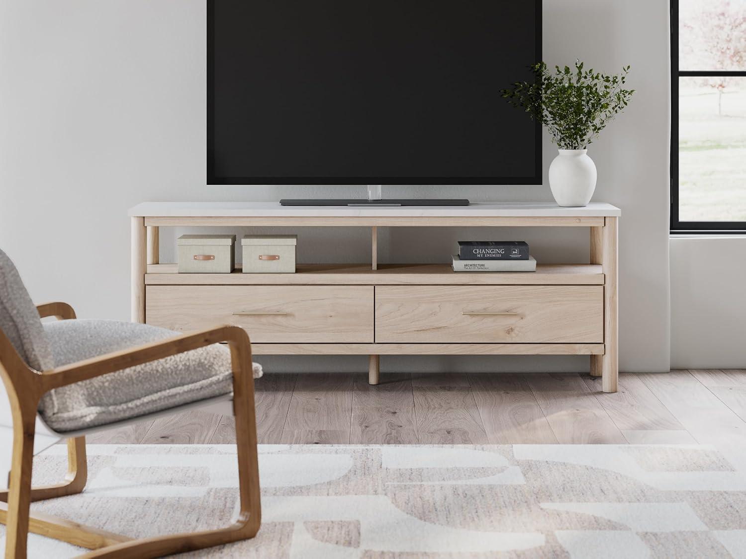 imageSignature Design by Ashley Cadmori Traditional 72quot TV Stand for TVs up to 82quot with Ambient Lighting Open Shelf and Drawers Black ampamp WhiteLight Brown White