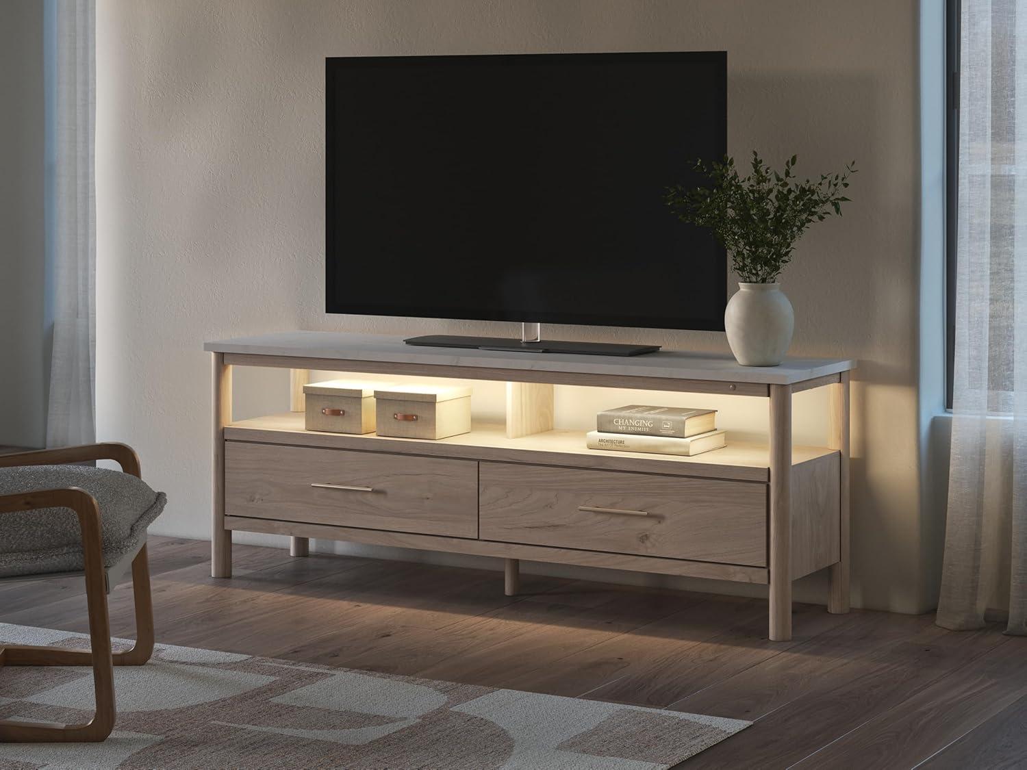 imageSignature Design by Ashley Cadmori Traditional 72quot TV Stand for TVs up to 82quot with Ambient Lighting Open Shelf and Drawers Black ampamp WhiteLight Brown White