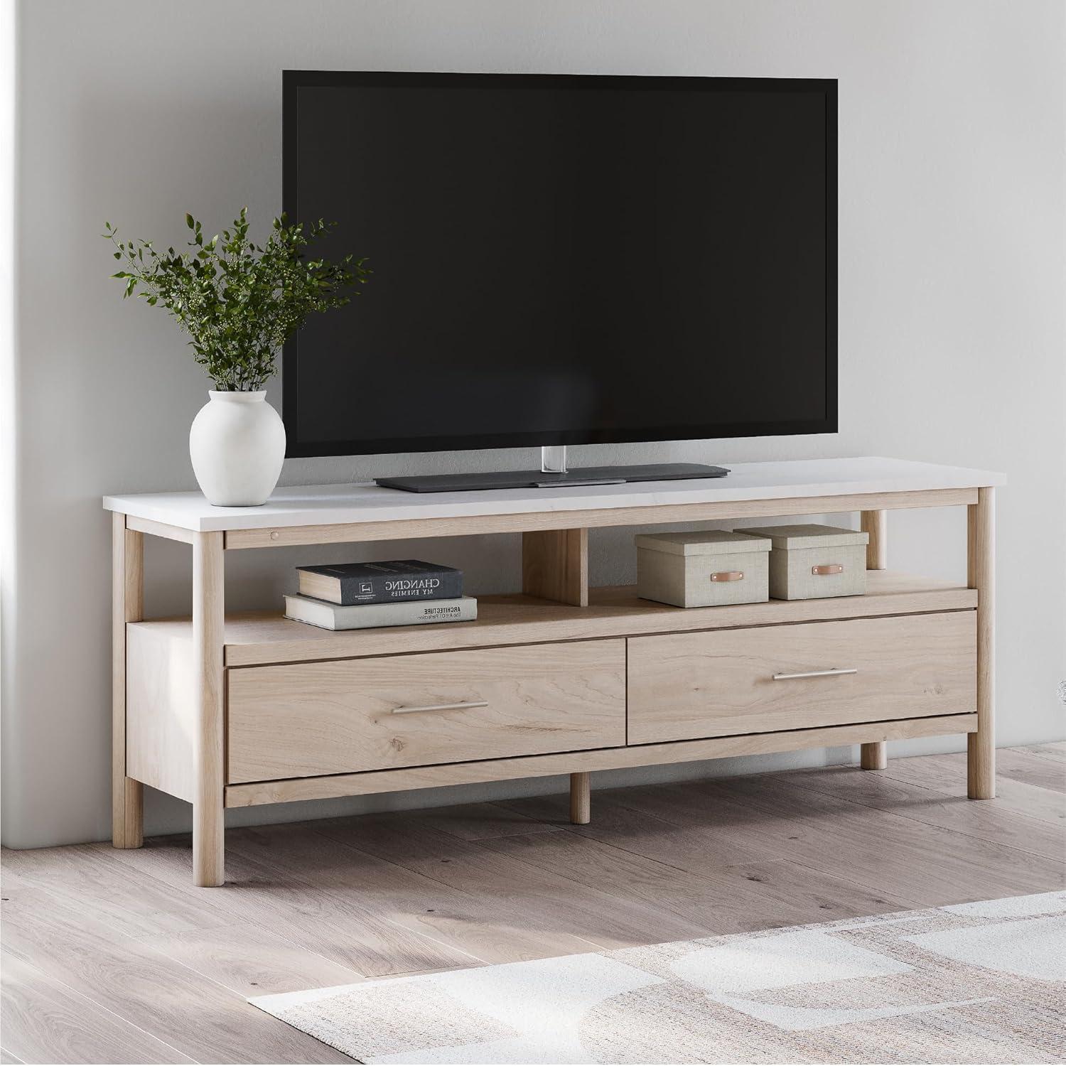 imageSignature Design by Ashley Cadmori Traditional 72quot TV Stand for TVs up to 82quot with Ambient Lighting Open Shelf and Drawers Black ampamp WhiteLight Brown White