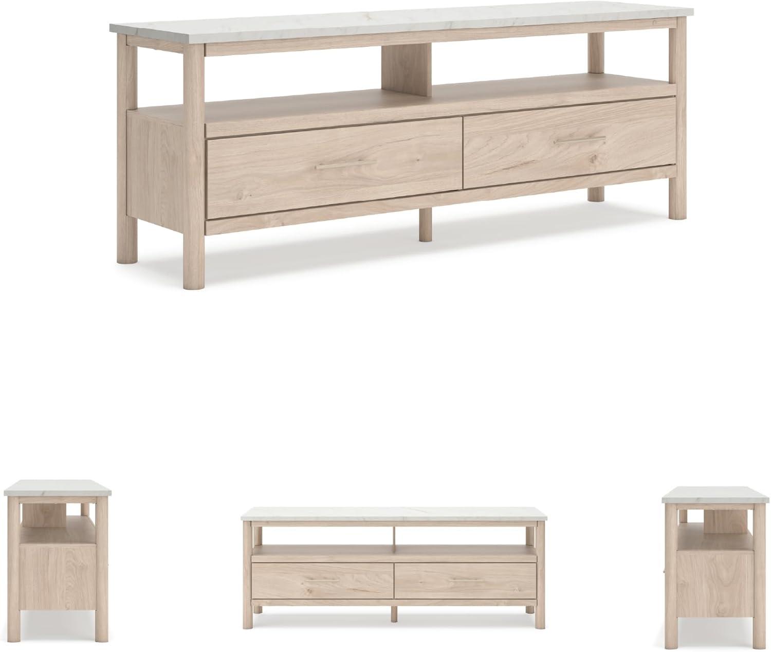 imageSignature Design by Ashley Cadmori Traditional 72quot TV Stand for TVs up to 82quot with Ambient Lighting Open Shelf and Drawers Black ampamp WhiteLight Brown White