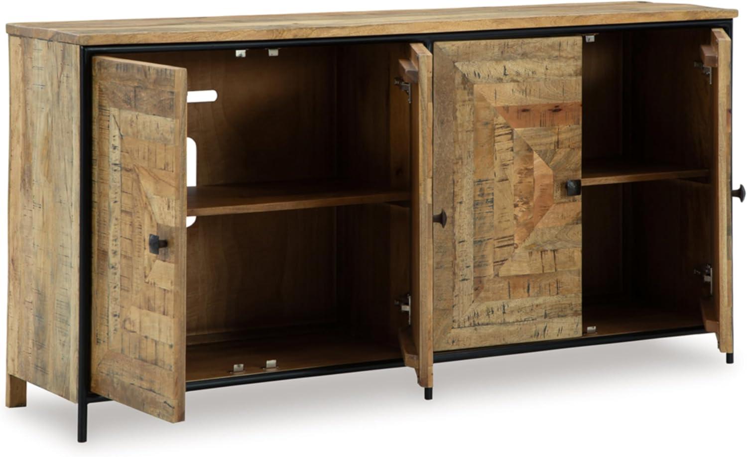 imageSignature Design by Ashley Camney Rustic Square Patterned 4Door Distressed Accent Cabinet with 2 Shelves and Cord Management Light Brown