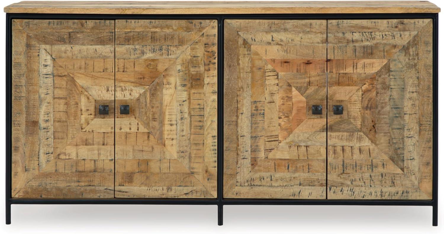 imageSignature Design by Ashley Camney Rustic Square Patterned 4Door Distressed Accent Cabinet with 2 Shelves and Cord Management Light Brown