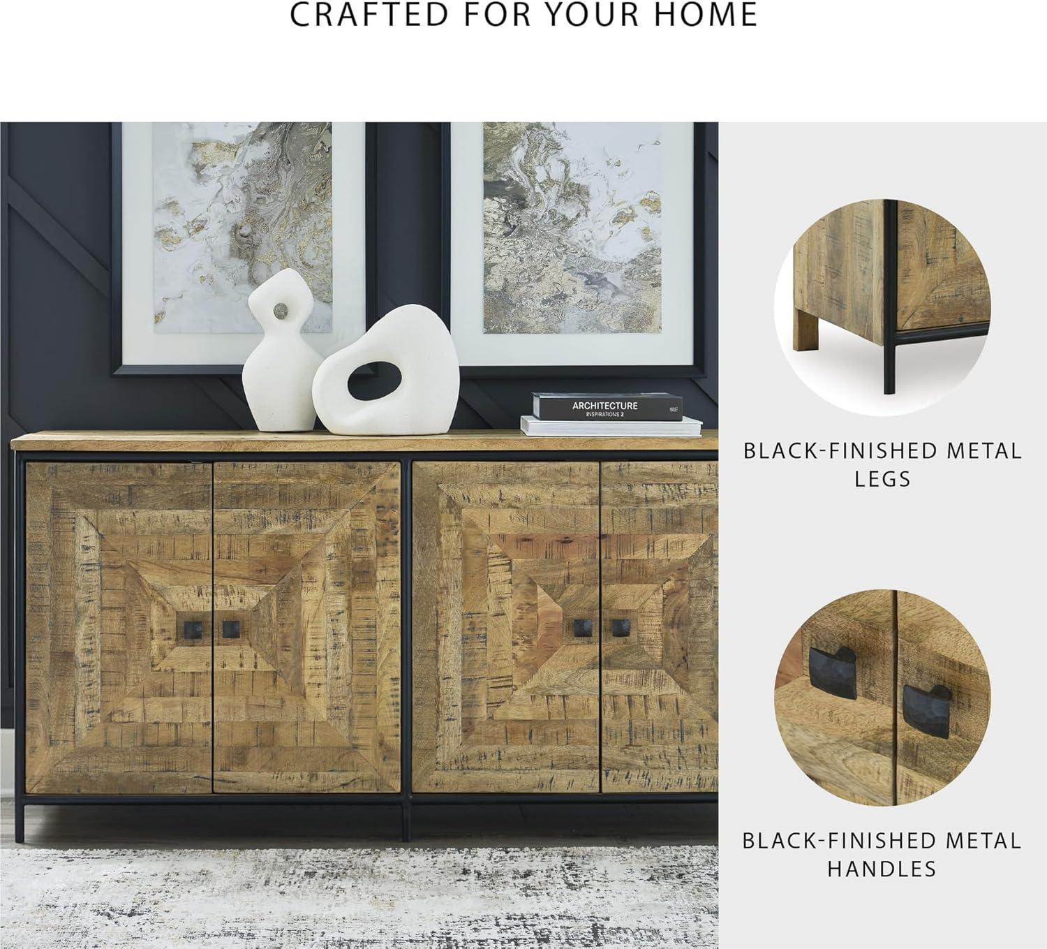 imageSignature Design by Ashley Camney Rustic Square Patterned 4Door Distressed Accent Cabinet with 2 Shelves and Cord Management Light Brown