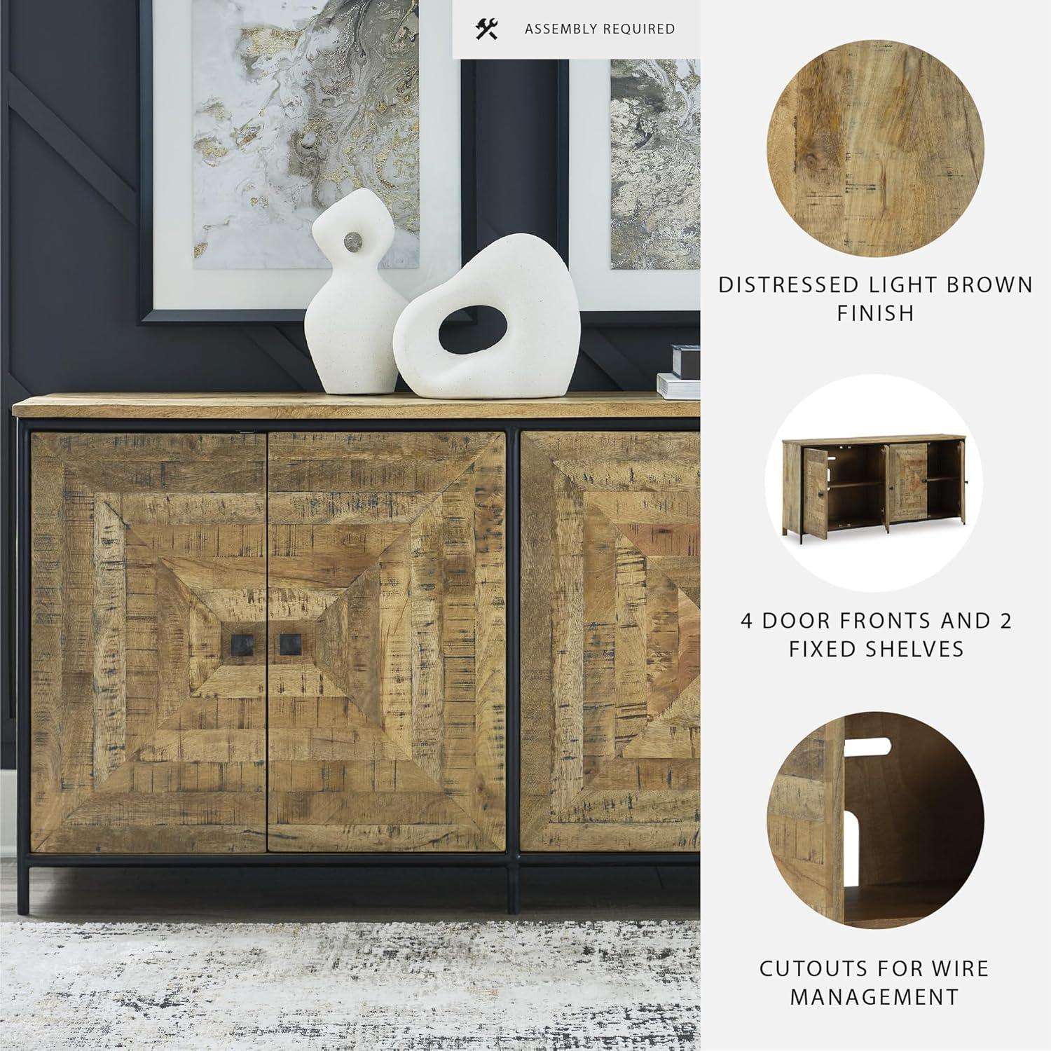 imageSignature Design by Ashley Camney Rustic Square Patterned 4Door Distressed Accent Cabinet with 2 Shelves and Cord Management Light Brown