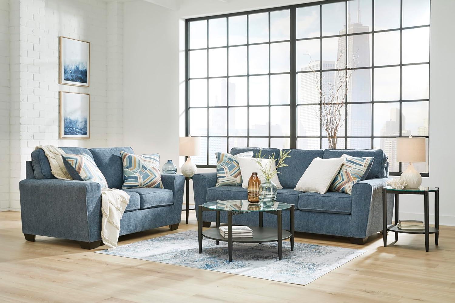 imageSignature Design by Ashley Cashton Casual 2in1 Sofa Sleeper with Folding Gel Memory Foam Mattress Queen BlueBlue