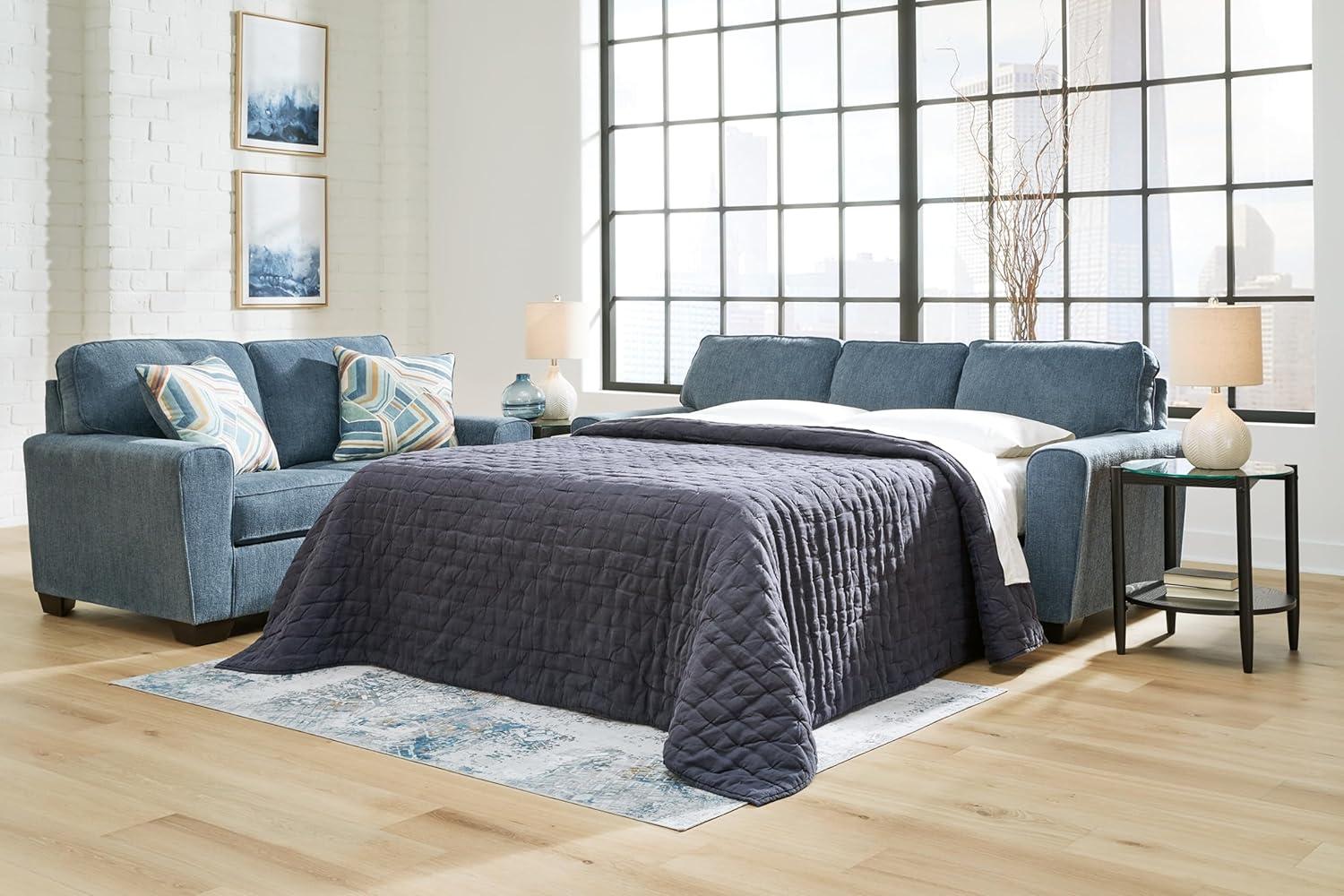 imageSignature Design by Ashley Cashton Casual 2in1 Sofa Sleeper with Folding Gel Memory Foam Mattress Queen BlueBlue