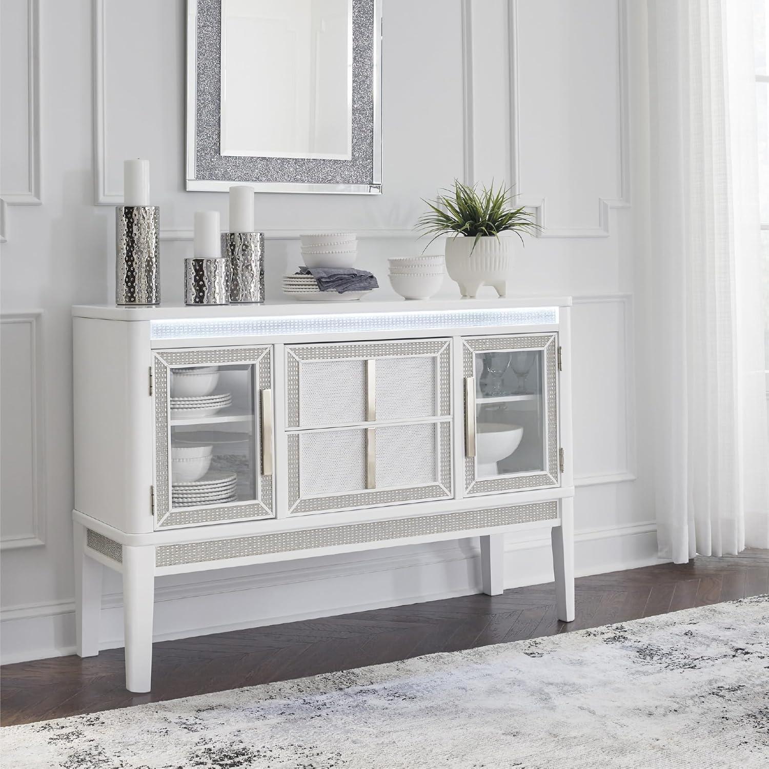 imageSignature Design by Ashley Chalanna Modern Lacquered 2Door Dining Server with Adjustable Shelves 2 FeltLined Drawers and LED Lighting White