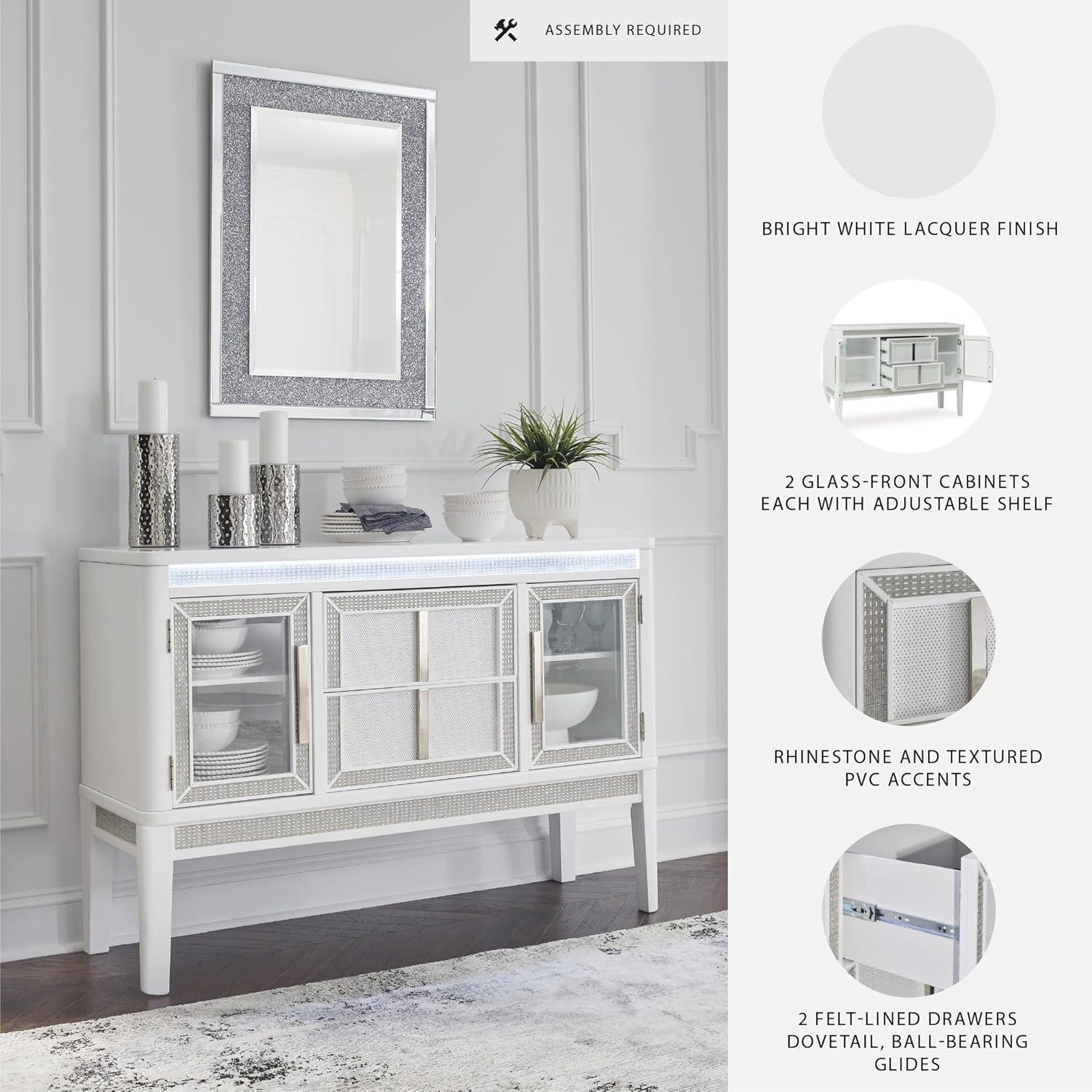 imageSignature Design by Ashley Chalanna Modern Lacquered 2Door Dining Server with Adjustable Shelves 2 FeltLined Drawers and LED Lighting White