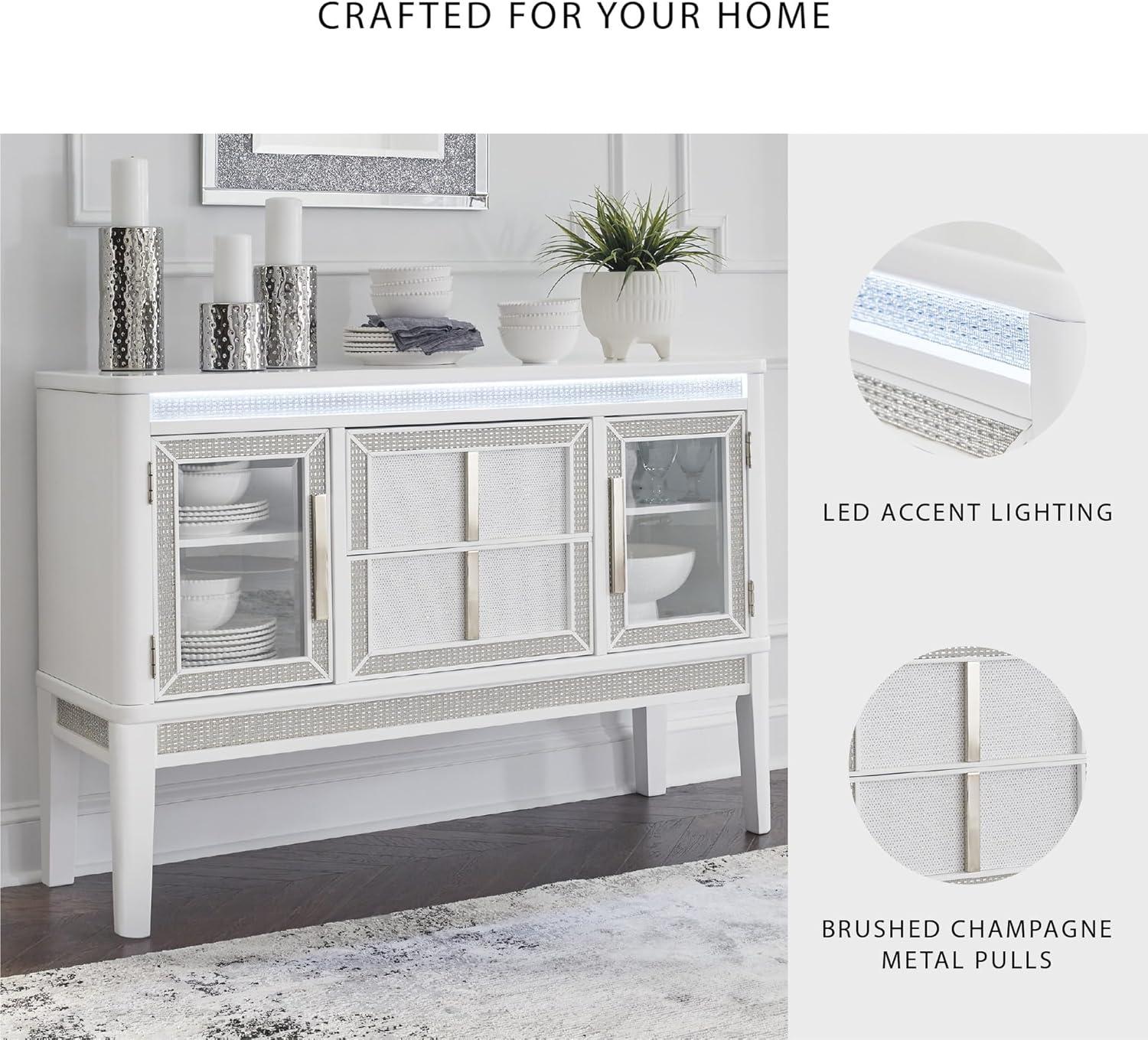 imageSignature Design by Ashley Chalanna Modern Lacquered 2Door Dining Server with Adjustable Shelves 2 FeltLined Drawers and LED Lighting White