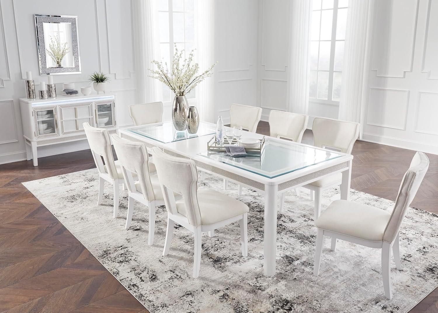 imageSignature Design by Ashley Chalanna Modern Lacquered 2Door Dining Server with Adjustable Shelves 2 FeltLined Drawers and LED Lighting White