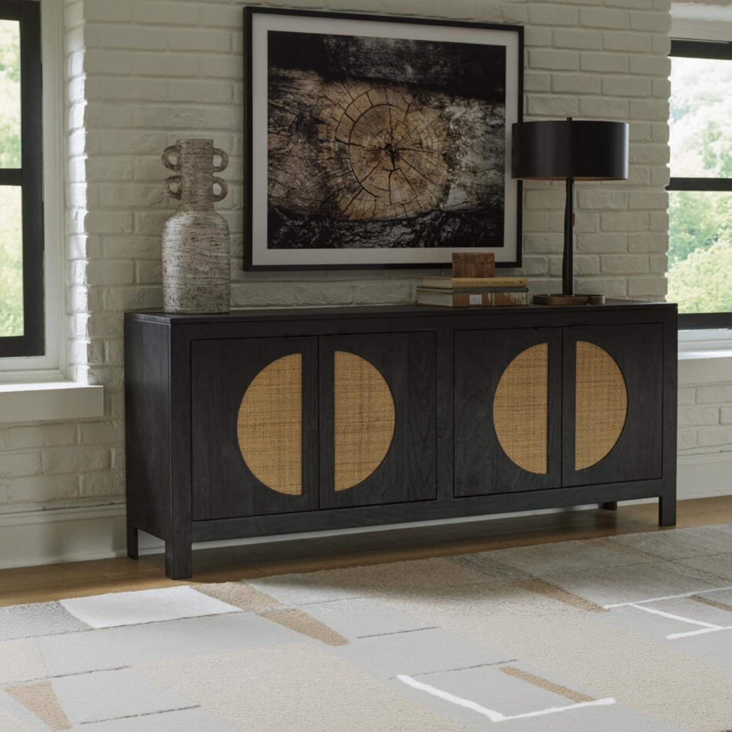 imageSignature Design by Ashley Cliffiings Contemporary 4Door Accent Cabinet with 2 Shelves Woven Cane Door Fronts Black ampamp Light Brown