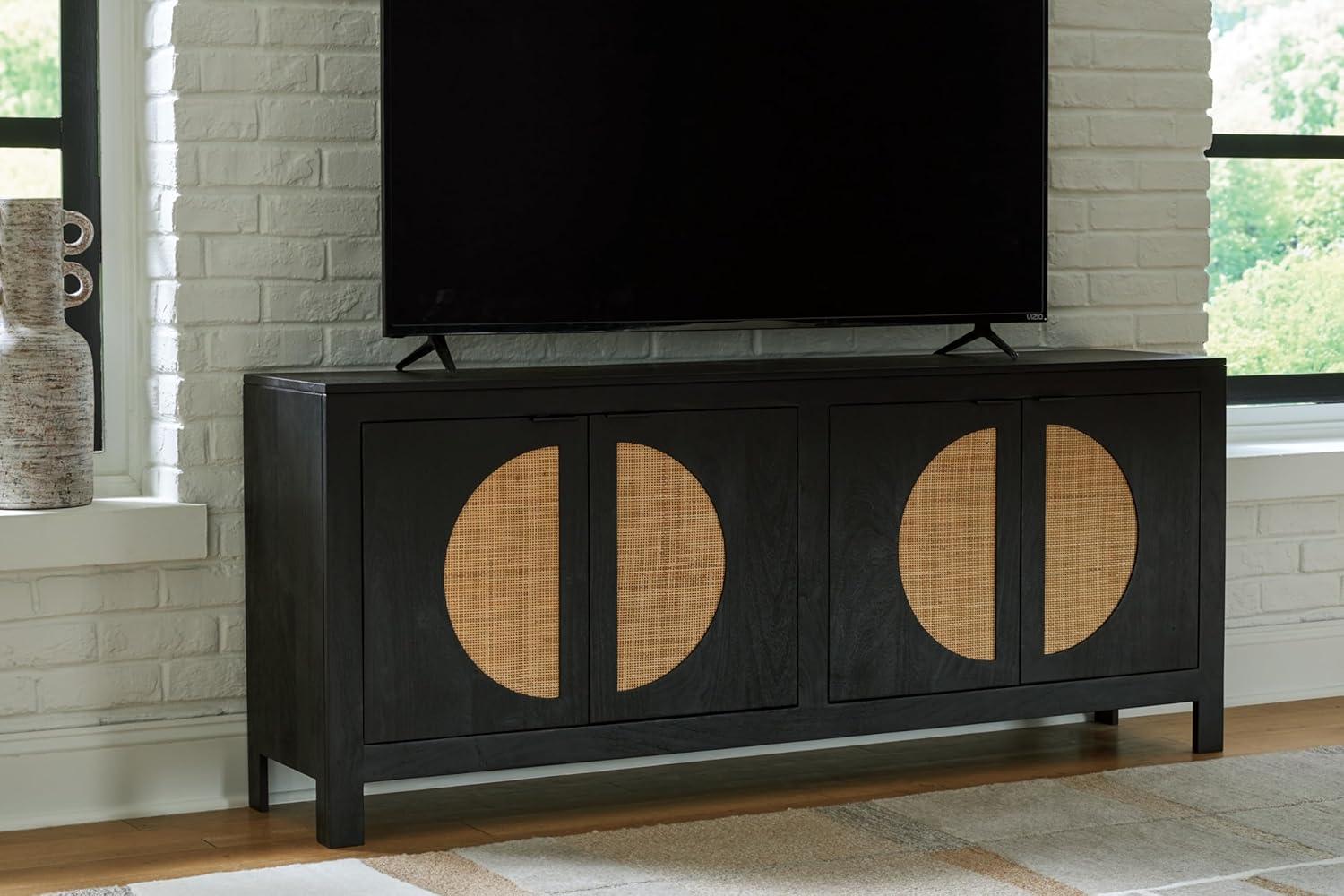 imageSignature Design by Ashley Cliffiings Contemporary 4Door Accent Cabinet with 2 Shelves Woven Cane Door Fronts Black ampamp Light Brown