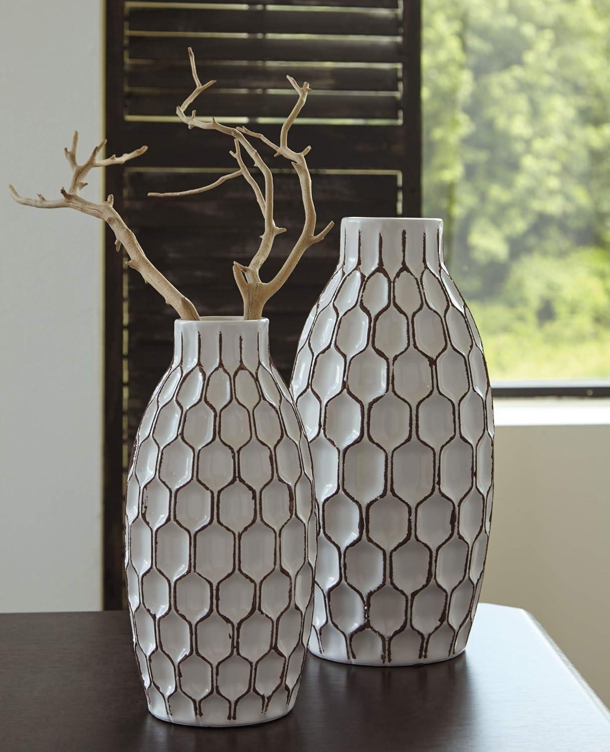imageSignature Design by Ashley Dionna Geometric 2 Piece Ceramic Bottle Neck Vase Set White and Brown