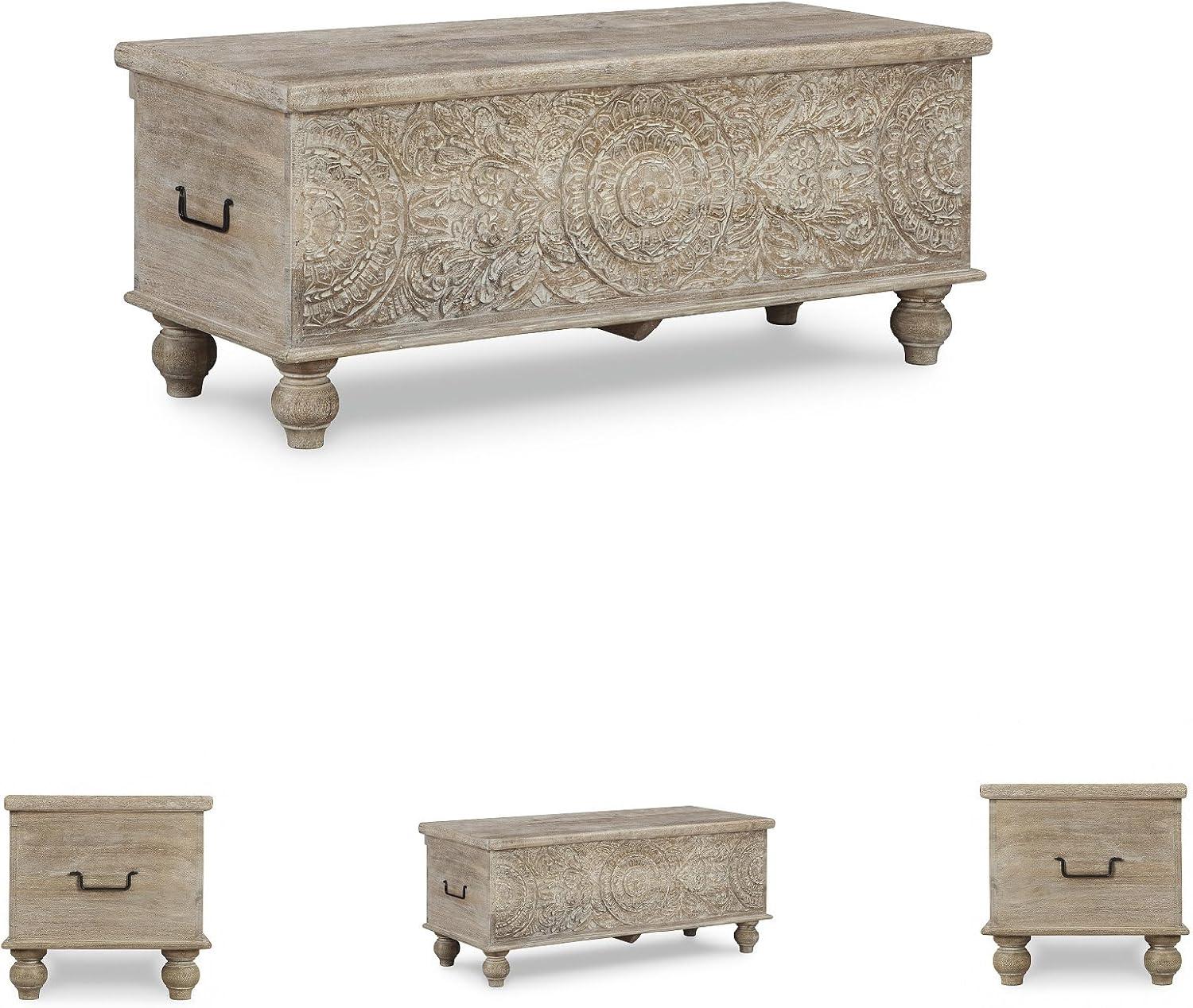 imageSignature Design by Ashley Fossile Ridge Boho Carved Wood Storage Bench with Hinge Top BeigeFossil Ridge Storage Bench
