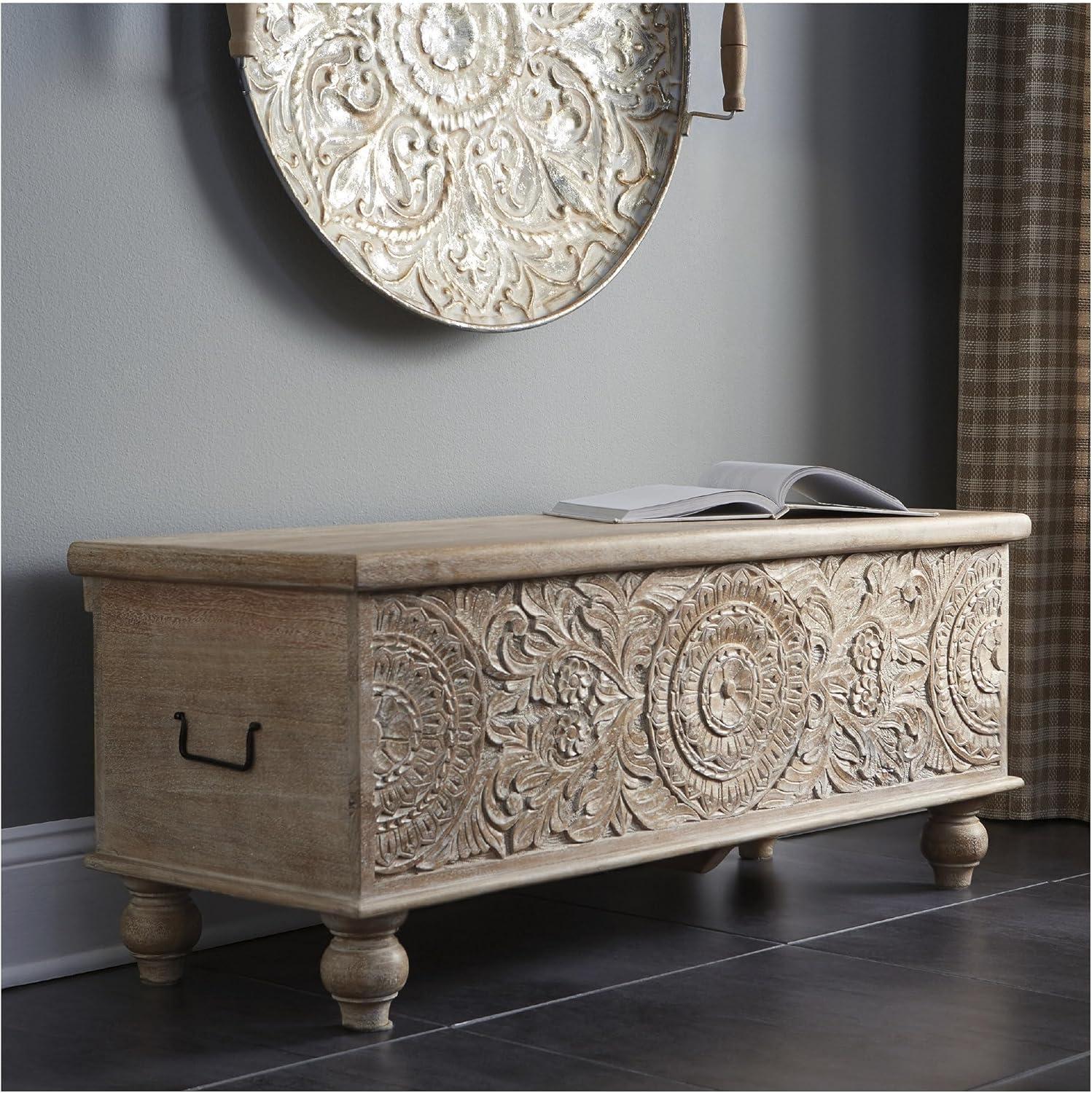 imageSignature Design by Ashley Fossile Ridge Boho Carved Wood Storage Bench with Hinge Top BeigeFossil Ridge Storage Bench