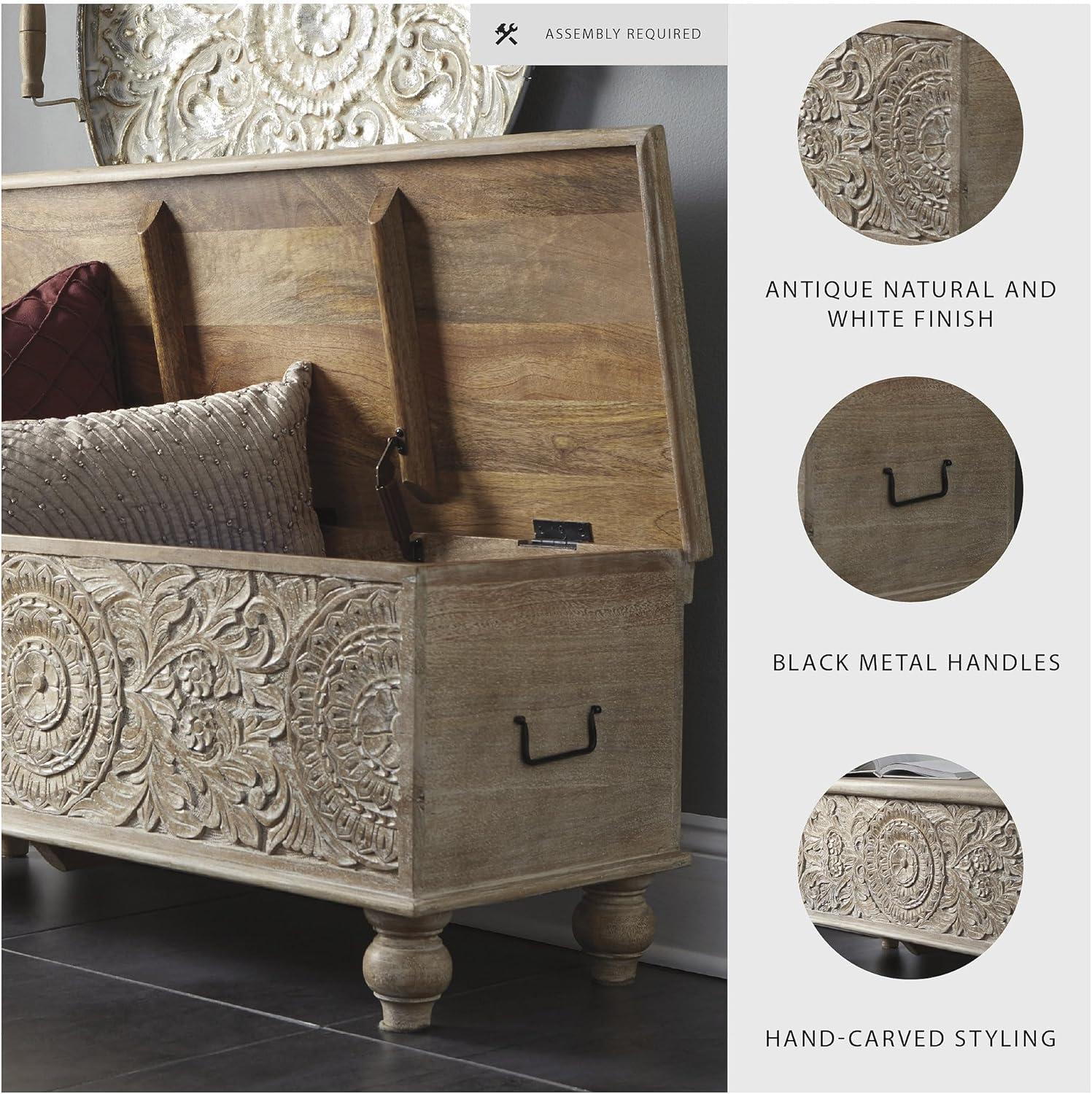 imageSignature Design by Ashley Fossile Ridge Boho Carved Wood Storage Bench with Hinge Top BeigeFossil Ridge Storage Bench