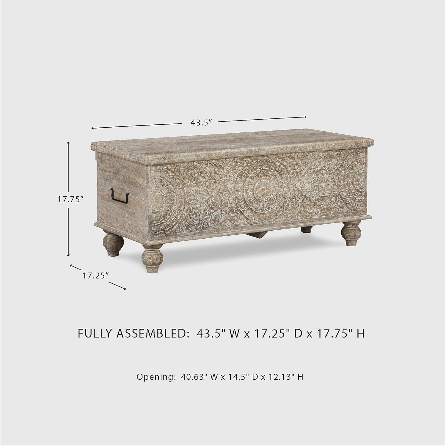 imageSignature Design by Ashley Fossile Ridge Boho Carved Wood Storage Bench with Hinge Top BeigeFossil Ridge Storage Bench