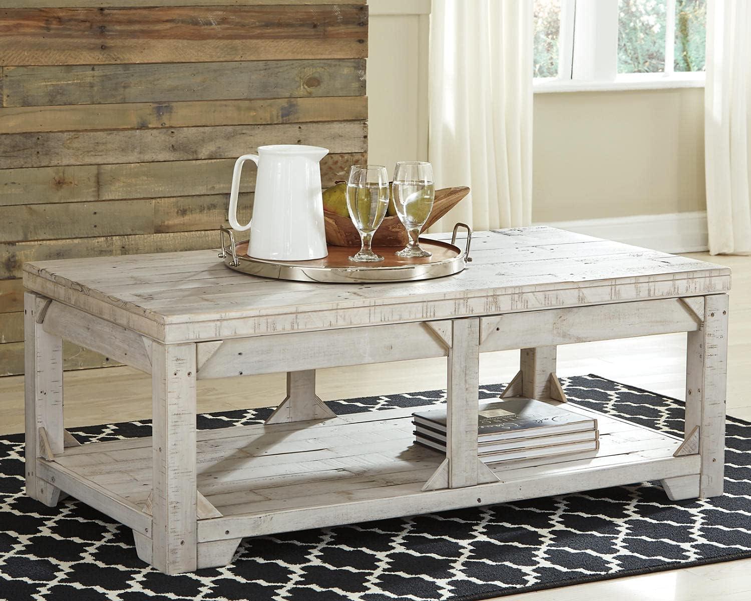 imageSignature Design by Ashley Fregine Farmhouse Rectangular Lift Top Coffee Table with Floor Shelf Whitewash with Weathered FinishWhitewash