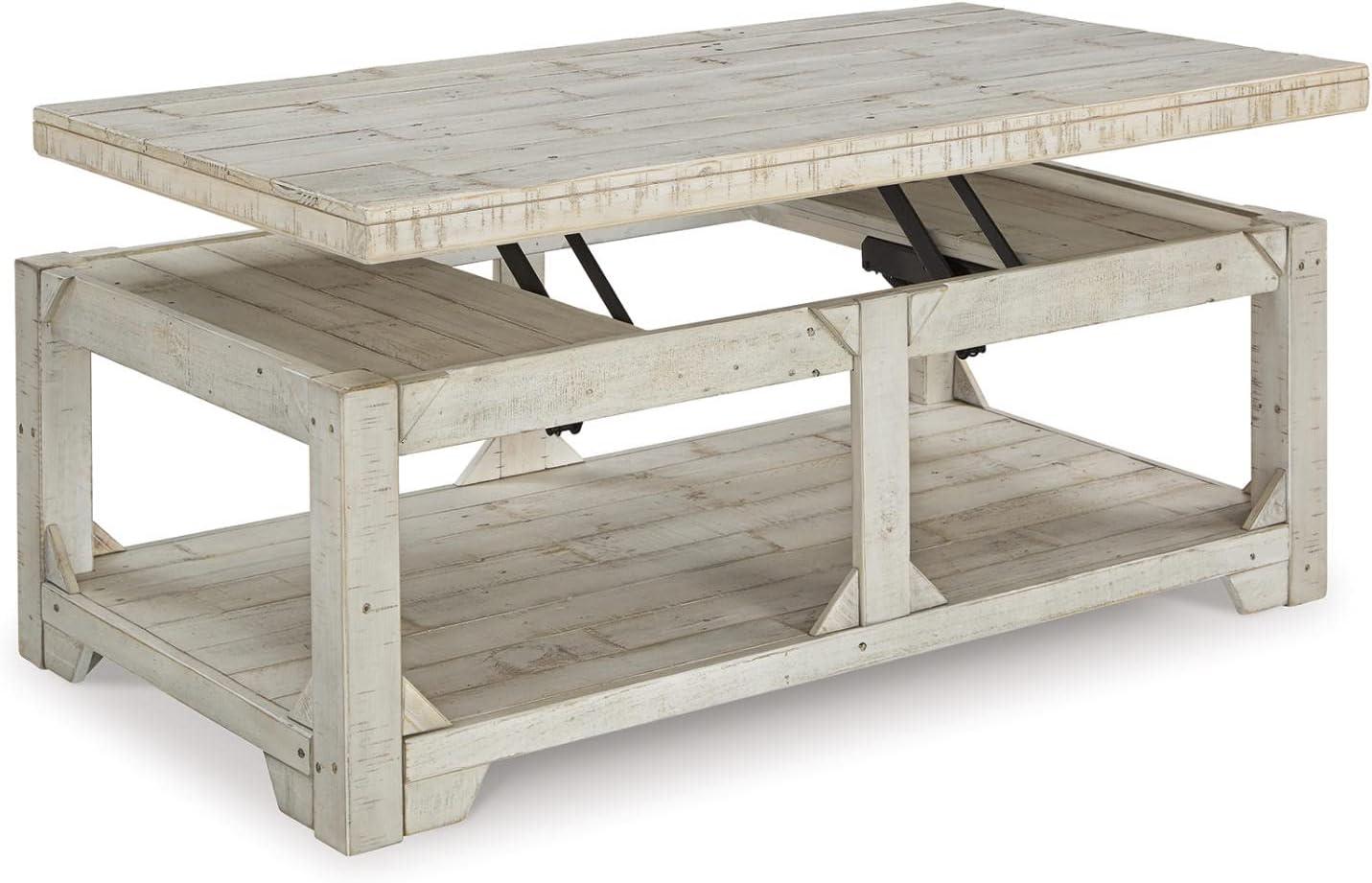imageSignature Design by Ashley Fregine Farmhouse Rectangular Lift Top Coffee Table with Floor Shelf Whitewash with Weathered FinishWhitewash