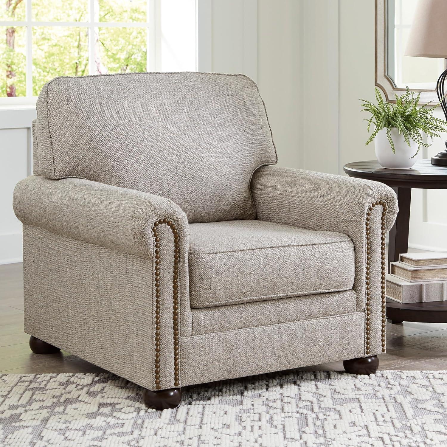 imageSignature Design by Ashley Gaelon Transitional 2in1 Sofa Sleeper with Folding Gel Memory Foam Mattress Nailheads and 2 Accent Pillows Queen BeigeChair