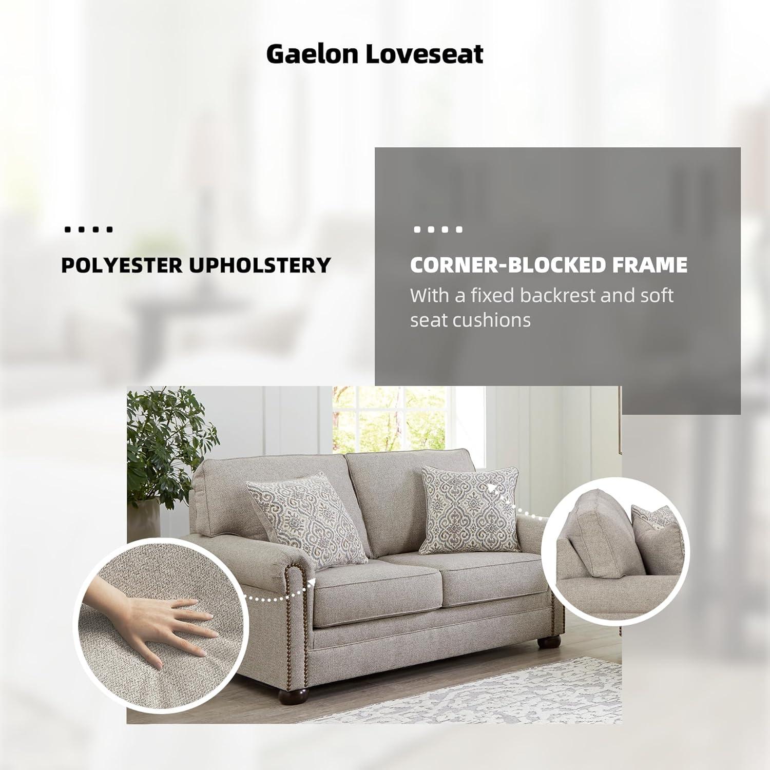 imageSignature Design by Ashley Gaelon Transitional 2in1 Sofa Sleeper with Folding Gel Memory Foam Mattress Nailheads and 2 Accent Pillows Queen BeigeLoveseat