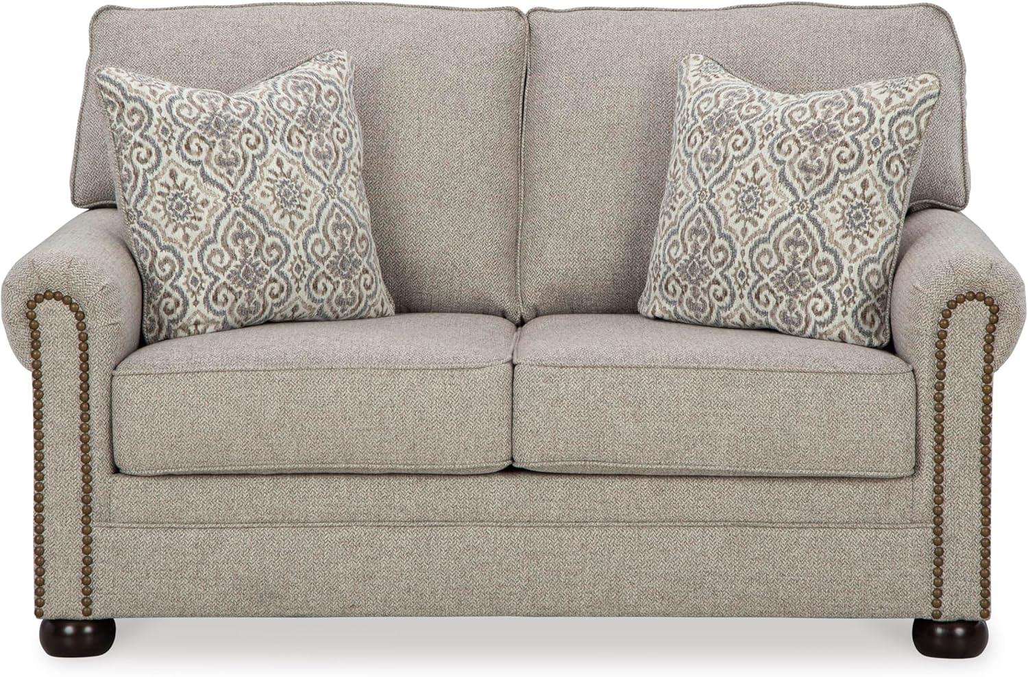 imageSignature Design by Ashley Gaelon Transitional 2in1 Sofa Sleeper with Folding Gel Memory Foam Mattress Nailheads and 2 Accent Pillows Queen BeigeLoveseat