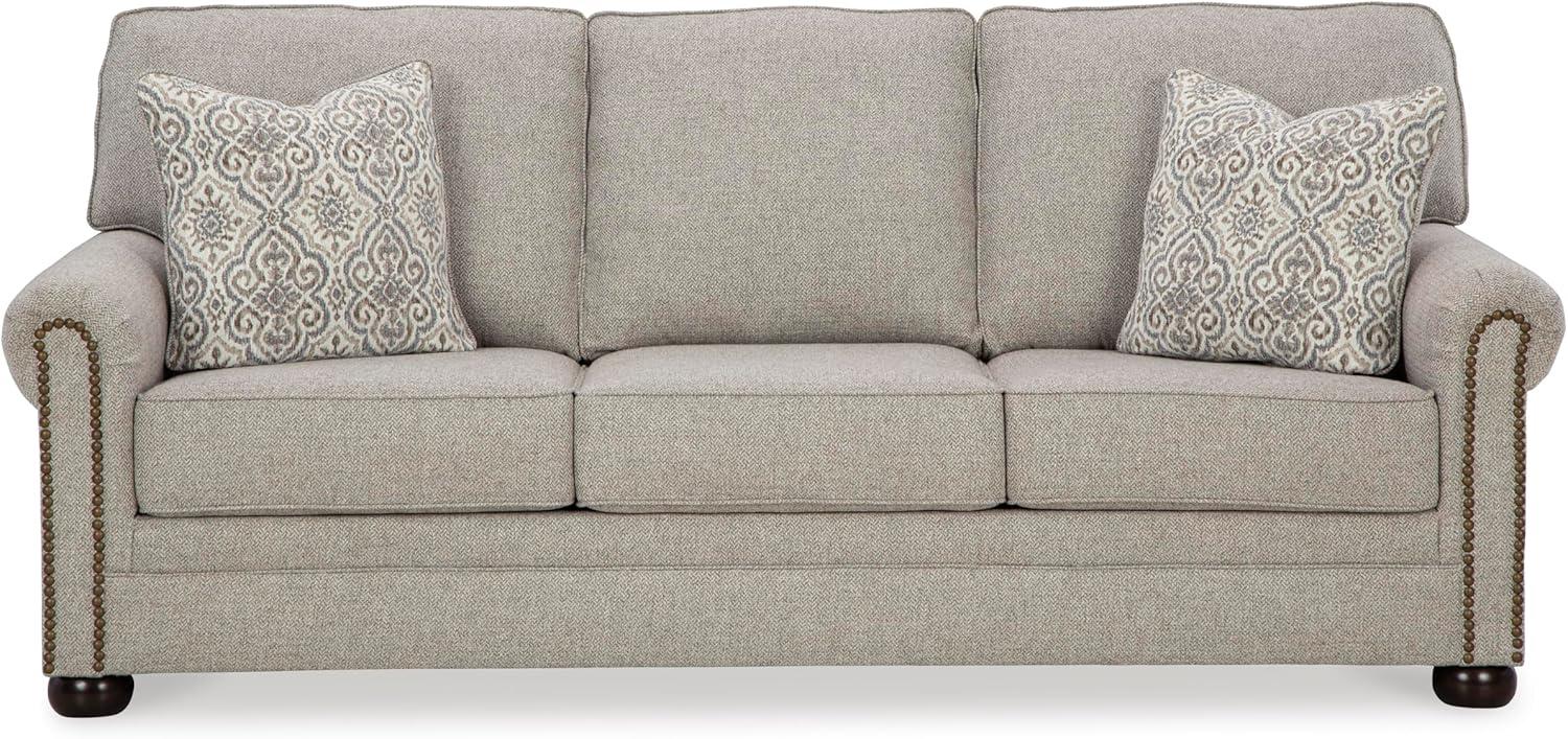 imageSignature Design by Ashley Gaelon Transitional 2in1 Sofa Sleeper with Folding Gel Memory Foam Mattress Nailheads and 2 Accent Pillows Queen BeigeQueen Sofa Sleeper
