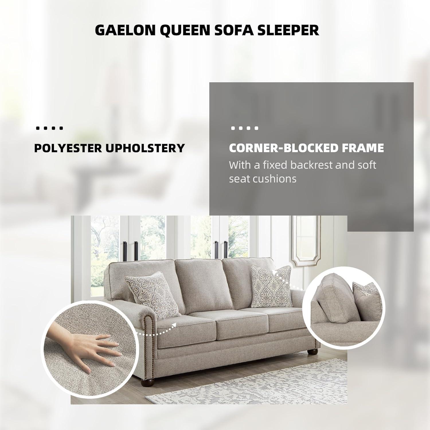 imageSignature Design by Ashley Gaelon Transitional 2in1 Sofa Sleeper with Folding Gel Memory Foam Mattress Nailheads and 2 Accent Pillows Queen BeigeQueen Sofa Sleeper