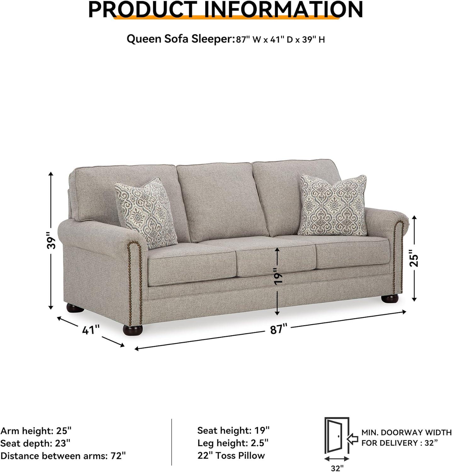 imageSignature Design by Ashley Gaelon Transitional 2in1 Sofa Sleeper with Folding Gel Memory Foam Mattress Nailheads and 2 Accent Pillows Queen BeigeQueen Sofa Sleeper