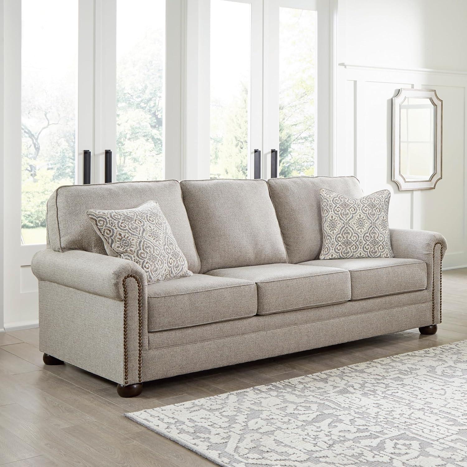 imageSignature Design by Ashley Gaelon Transitional 2in1 Sofa Sleeper with Folding Gel Memory Foam Mattress Nailheads and 2 Accent Pillows Queen BeigeSofa