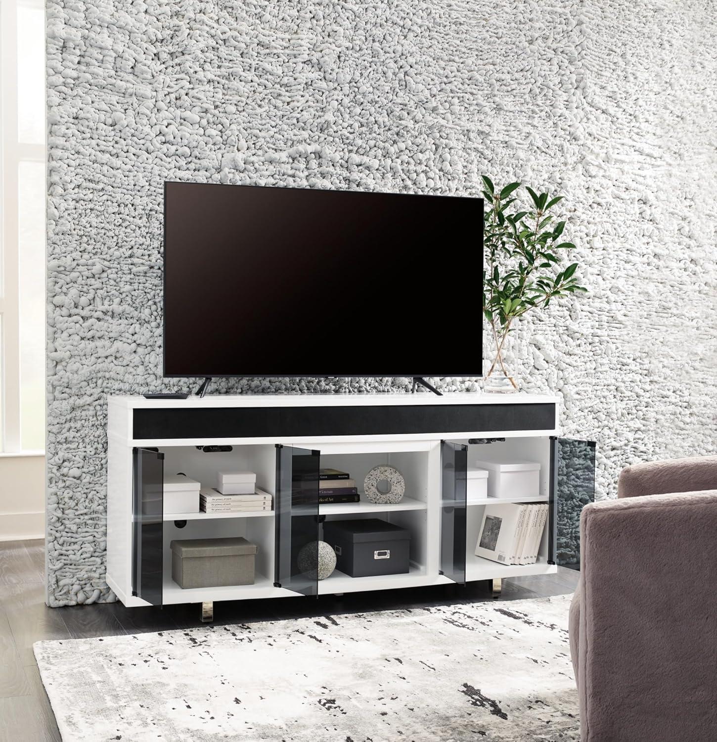 imageSignature Design by Ashley Gardoni Contemporary 72quot TV Stand for TVs up to 82quot with Adjustable Shelves Cabinets Cord Openings and Fireplace Option White ampamp Black