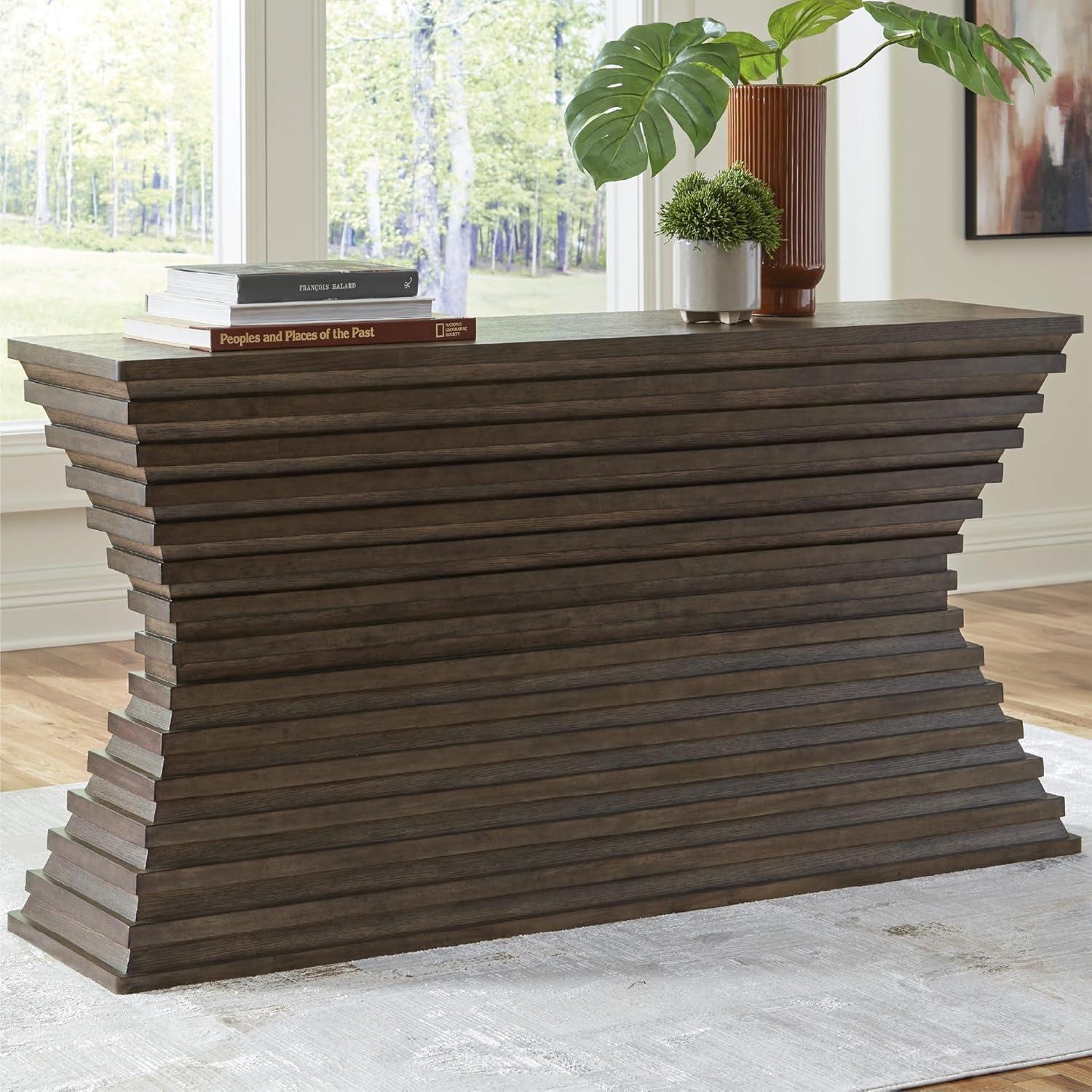 imageSignature Design by Ashley Hannodream Modern Sofa Table with Architectural Geometry Design Dark Brown