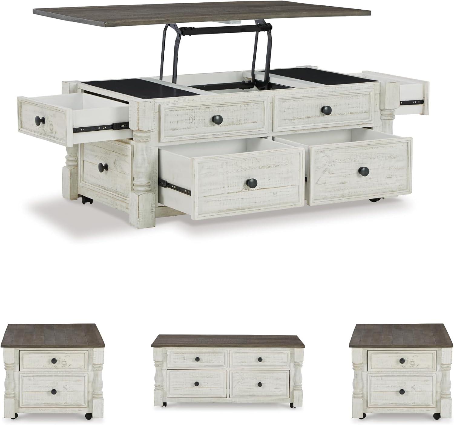 imageSignature Design by Ashley Havalance Farmhouse Lift Top Coffee Table with Fixed Shelf and 2 Hidden Storage Trays Gray ampamp White with Weathered FinishStorage