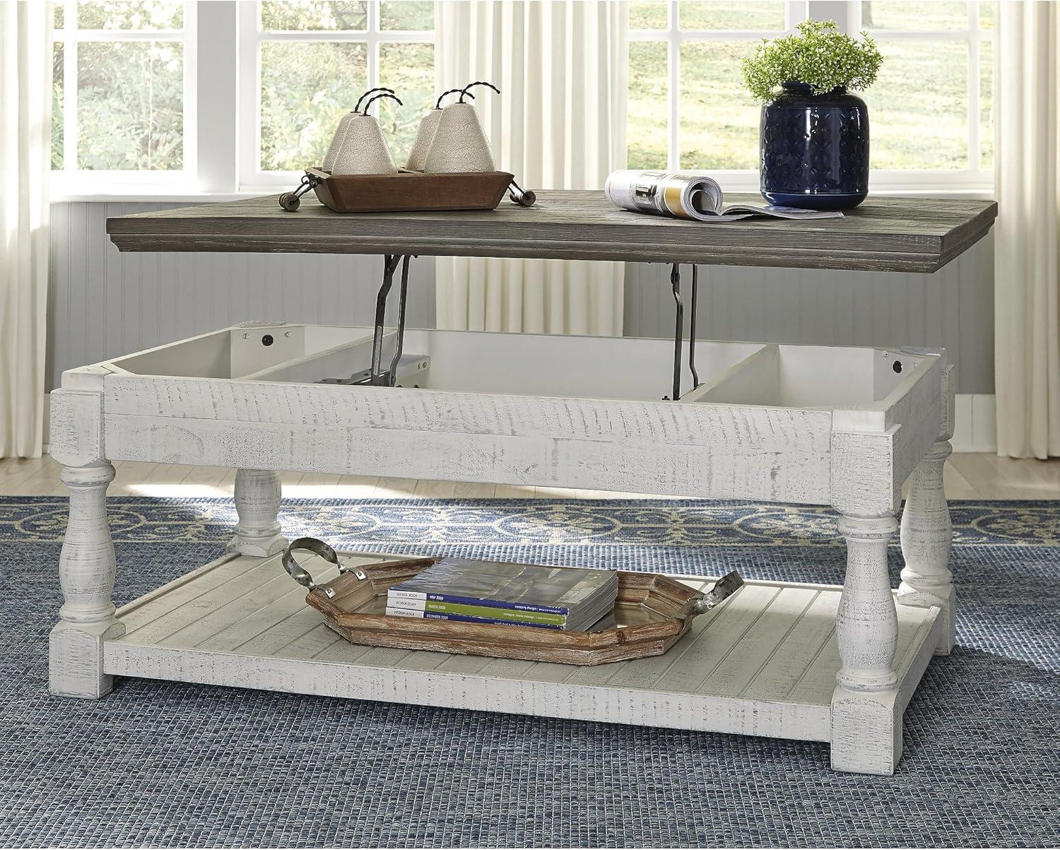 imageSignature Design by Ashley Havalance Farmhouse Lift Top Coffee Table with Fixed Shelf and 2 Hidden Storage Trays Gray ampamp White with Weathered FinishOpen