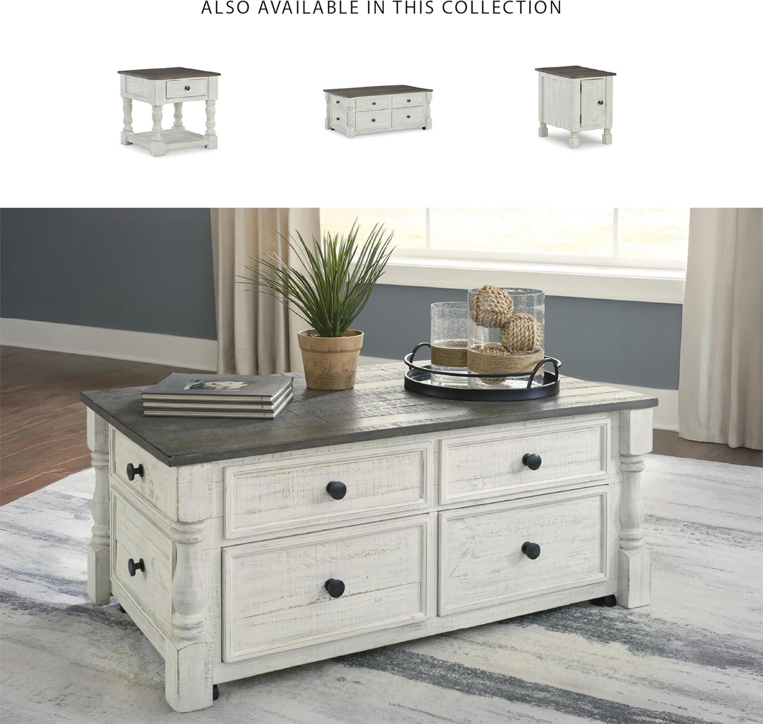 imageSignature Design by Ashley Havalance Farmhouse Lift Top Coffee Table with Fixed Shelf and 2 Hidden Storage Trays Gray ampamp White with Weathered FinishStorage