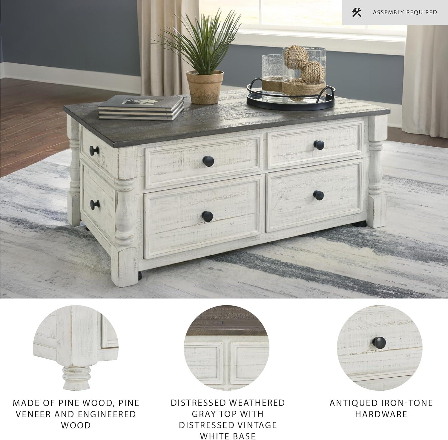 imageSignature Design by Ashley Havalance Farmhouse Lift Top Coffee Table with Fixed Shelf and 2 Hidden Storage Trays Gray ampamp White with Weathered FinishStorage