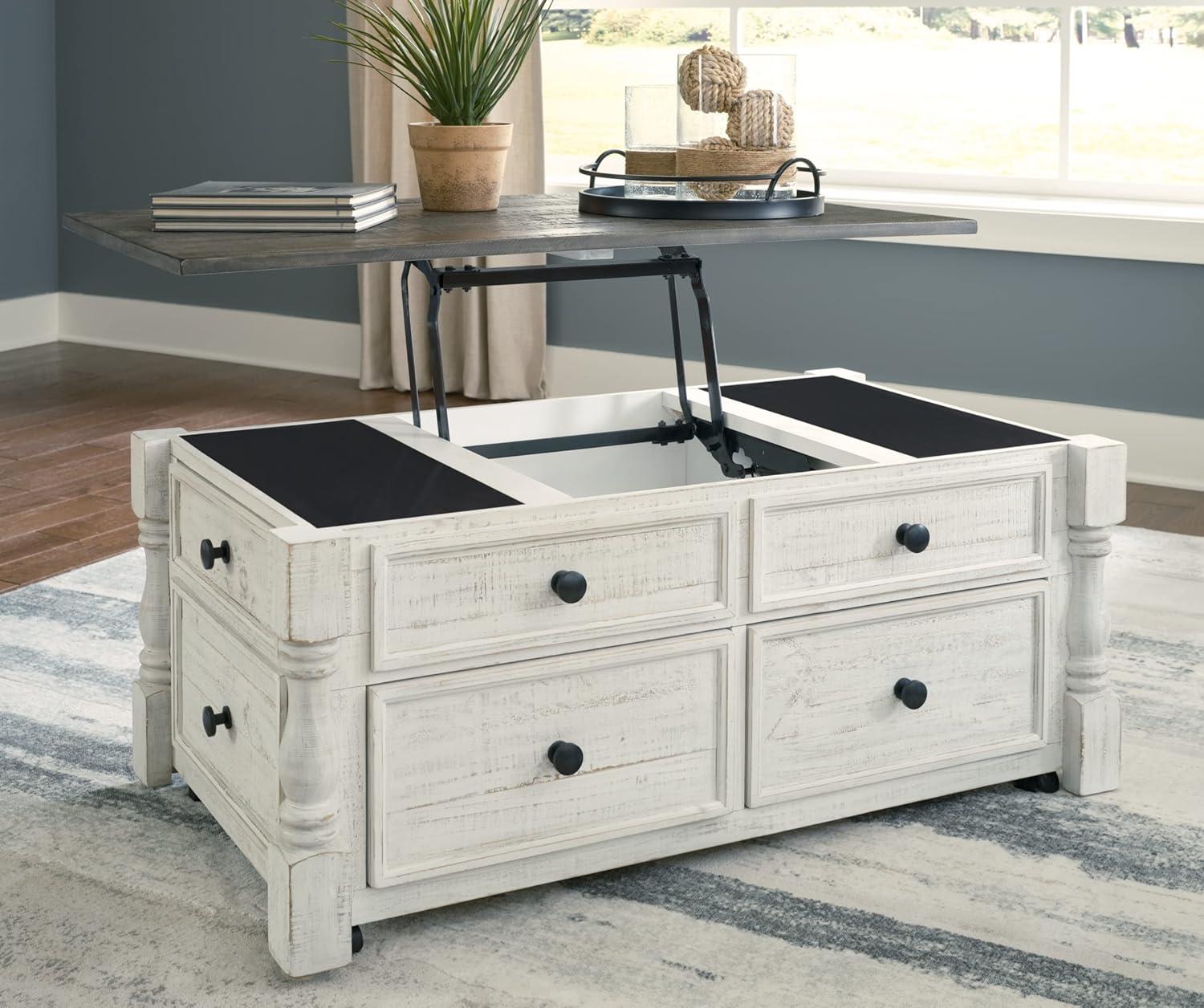 imageSignature Design by Ashley Havalance Farmhouse Lift Top Coffee Table with Fixed Shelf and 2 Hidden Storage Trays Gray ampamp White with Weathered FinishStorage