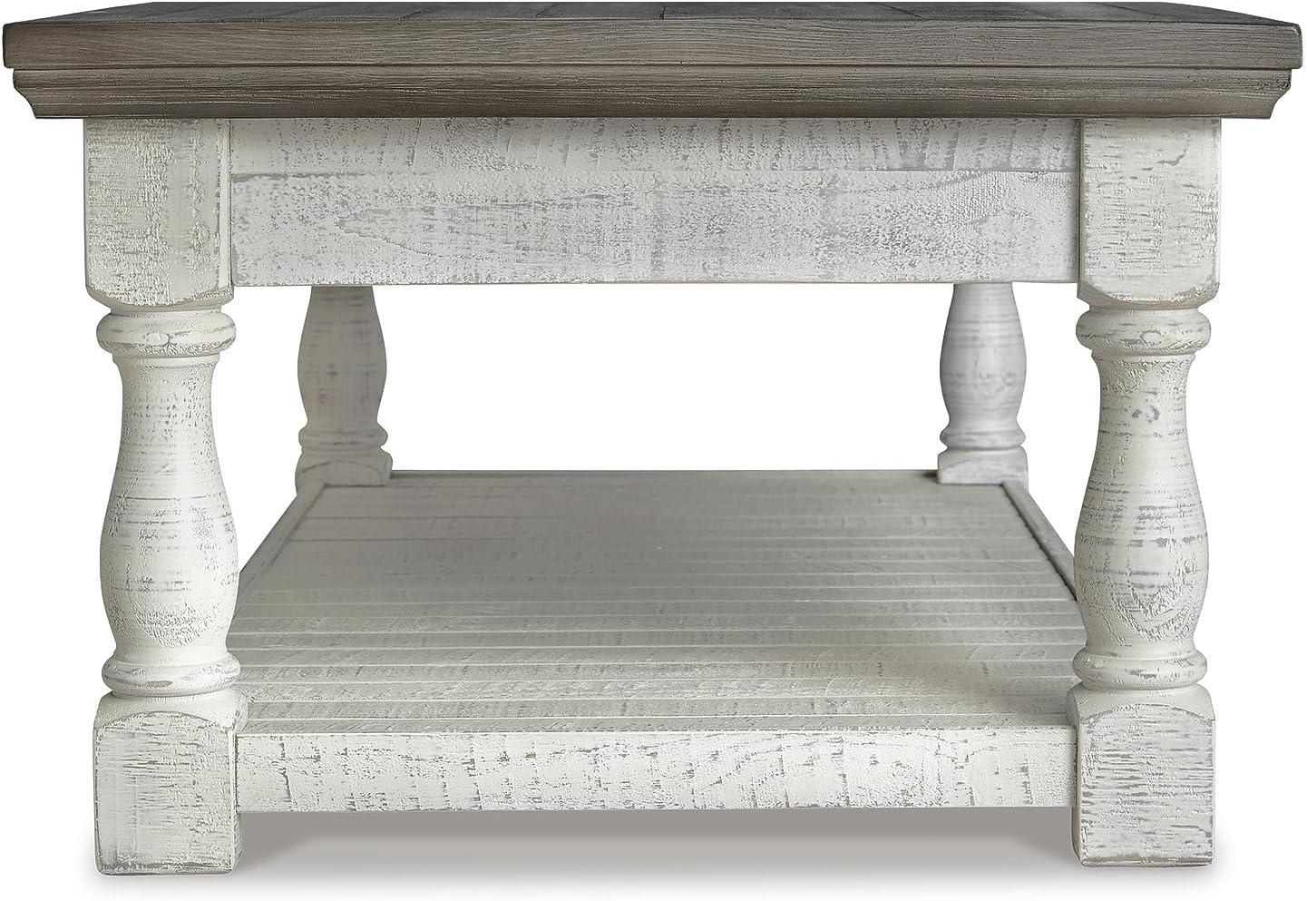 imageSignature Design by Ashley Havalance Farmhouse Lift Top Coffee Table with Fixed Shelf and 2 Hidden Storage Trays Gray ampamp White with Weathered FinishOpen