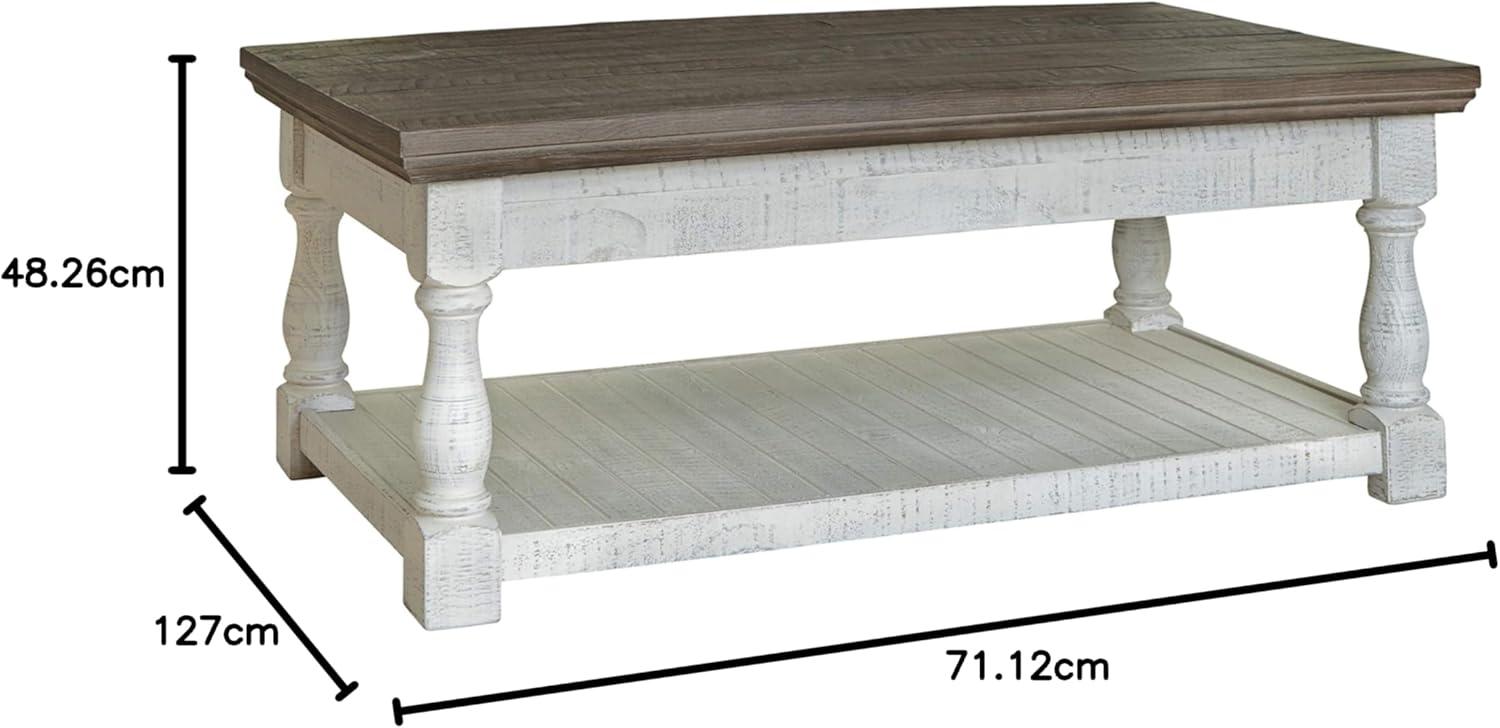 imageSignature Design by Ashley Havalance Farmhouse Lift Top Coffee Table with Fixed Shelf and 2 Hidden Storage Trays Gray ampamp White with Weathered FinishOpen